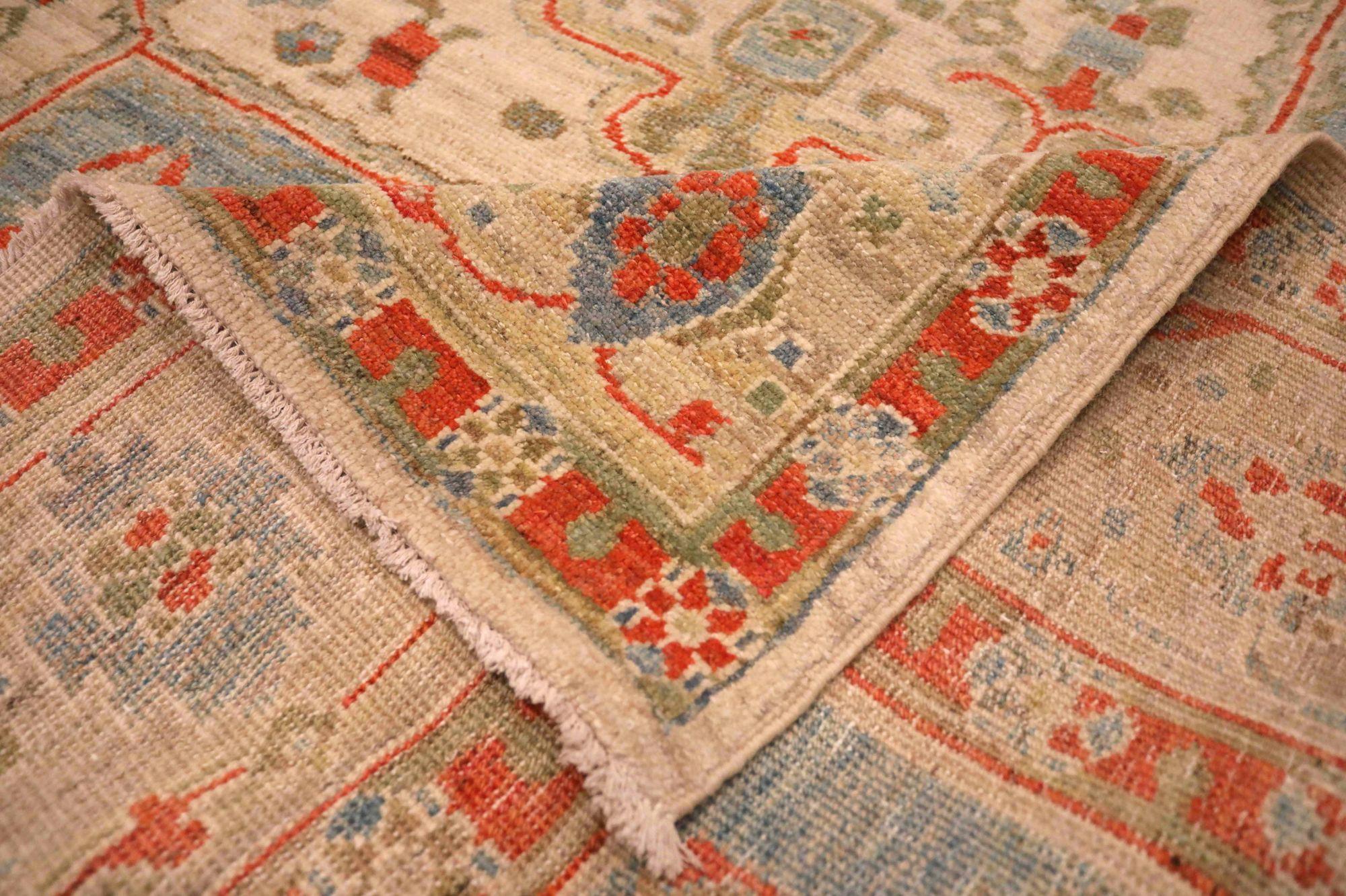 20ième siècle Tapis d'Afghanistan Oushak - Design en laine bleu ivoire jaune - 93615 en vente