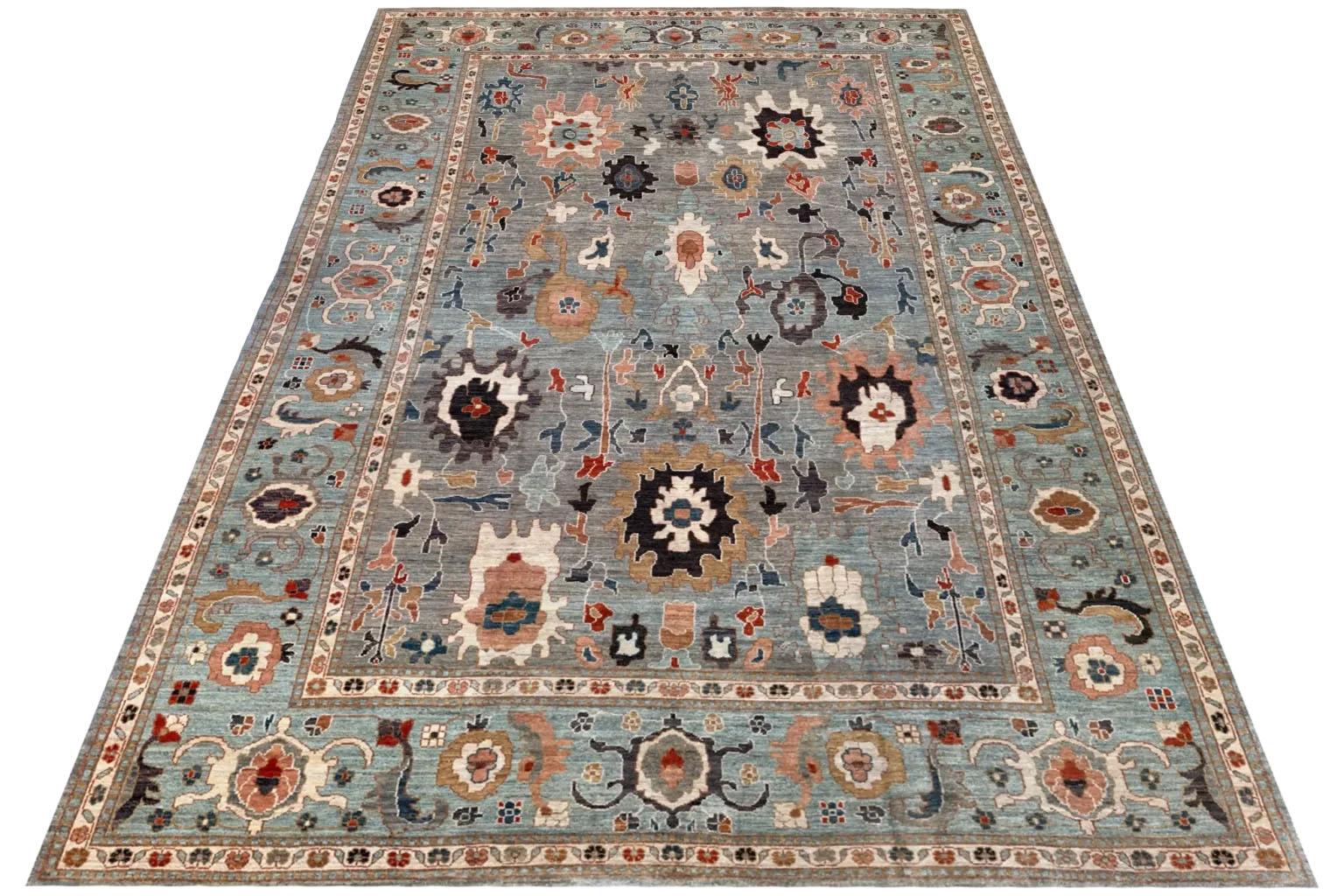 Tribal Tapis d'Afghanistan Oushak - Design en laine bleu orange - 94607 en vente