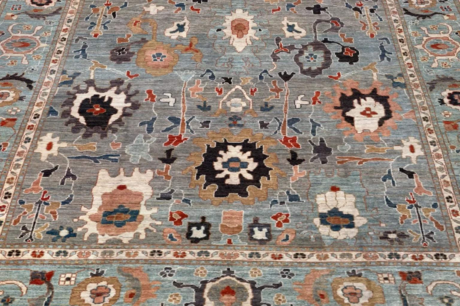 Noué à la main Tapis d'Afghanistan Oushak - Design en laine bleu orange - 94607 en vente