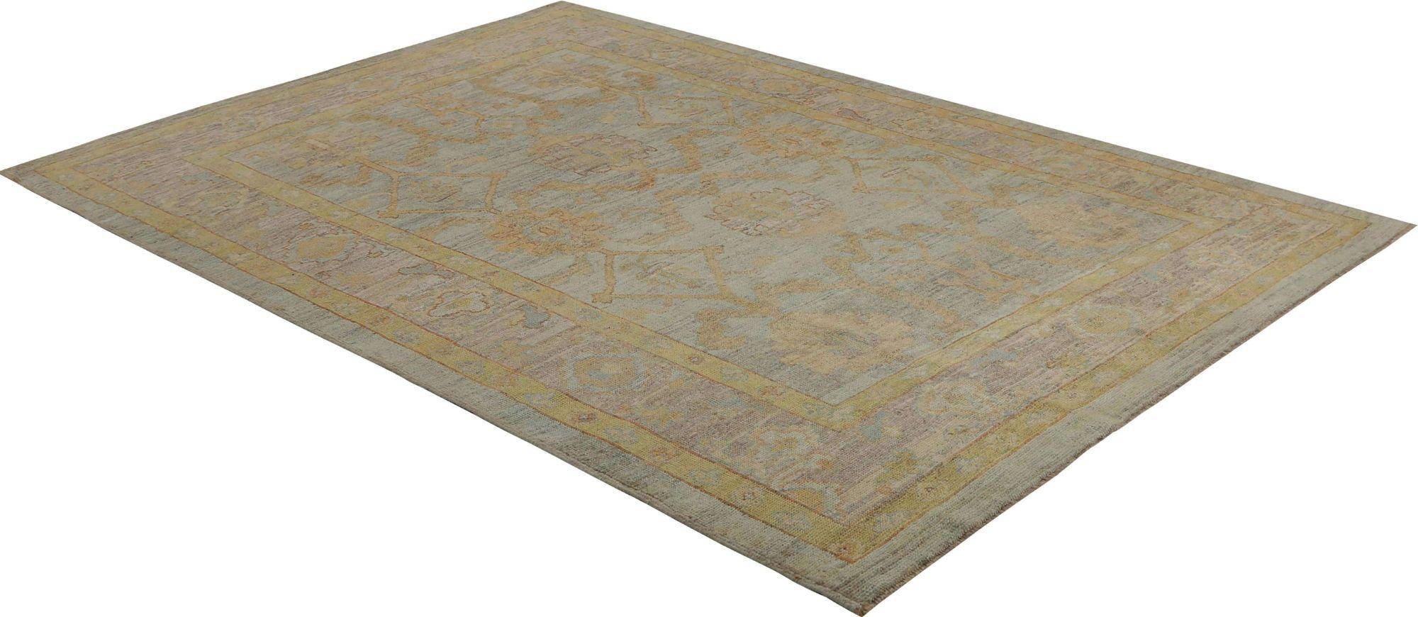 Turkish Turkey Oushak Area Rugs - Wool Blue Yellow Design - 95970 For Sale