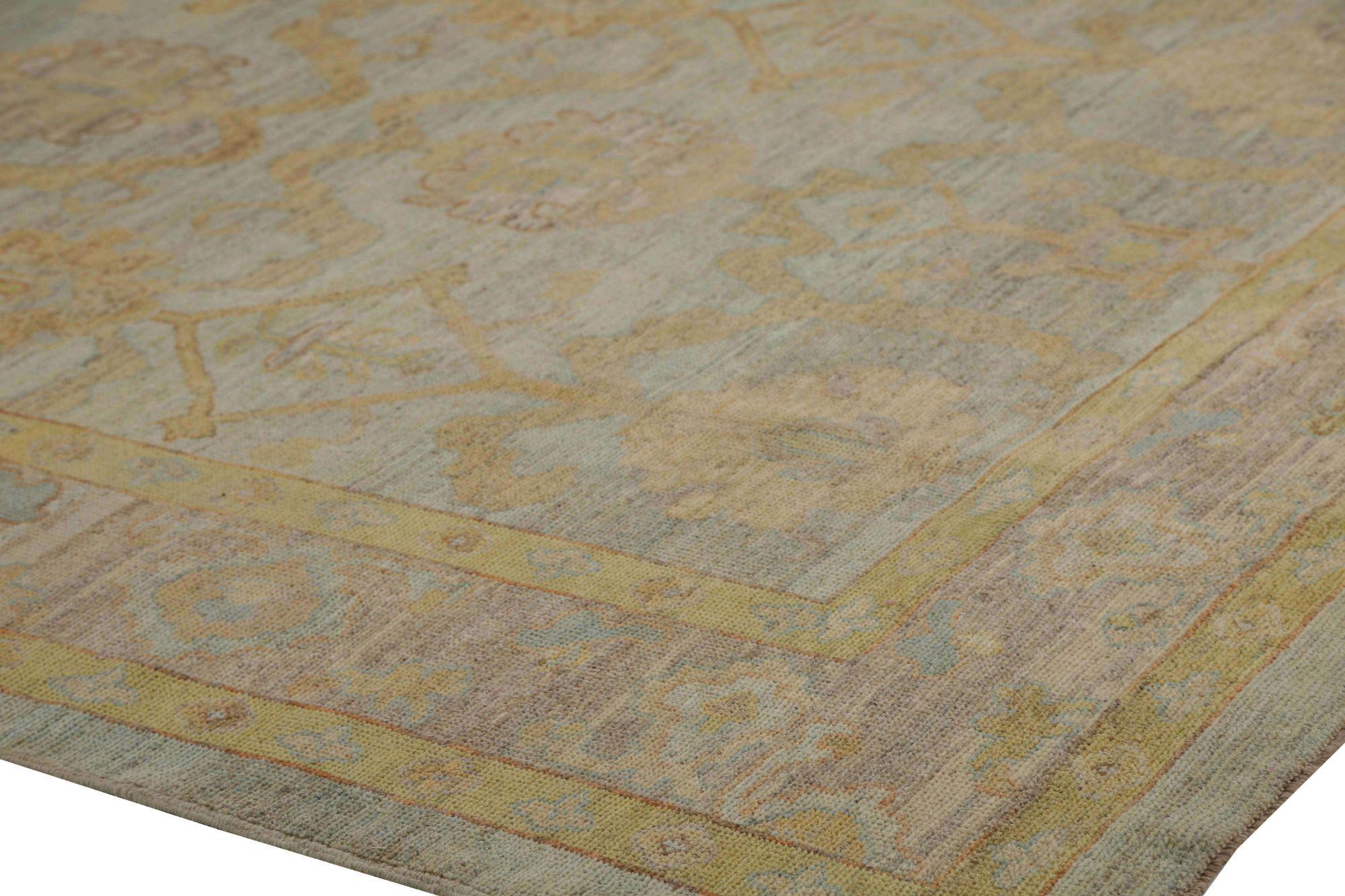 Hand-Knotted Turkey Oushak Area Rugs - Wool Blue Yellow Design - 95970 For Sale