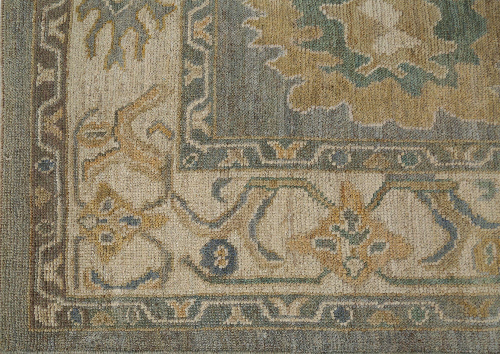 The Sophisticated Charm of a Turkish Oushak Rug
This spectacular area rug is a masterful study in contrast, where a historic Turkish Oushak design is reborn in a stunningly modern and sophisticated color palette. It is a piece that feels both