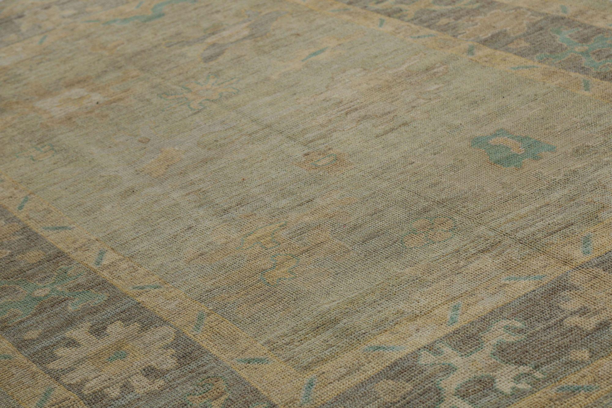 Tribal Afghanistan Oushak Area Rugs - Wool Brown Green Ivory Yellow - 96139 For Sale