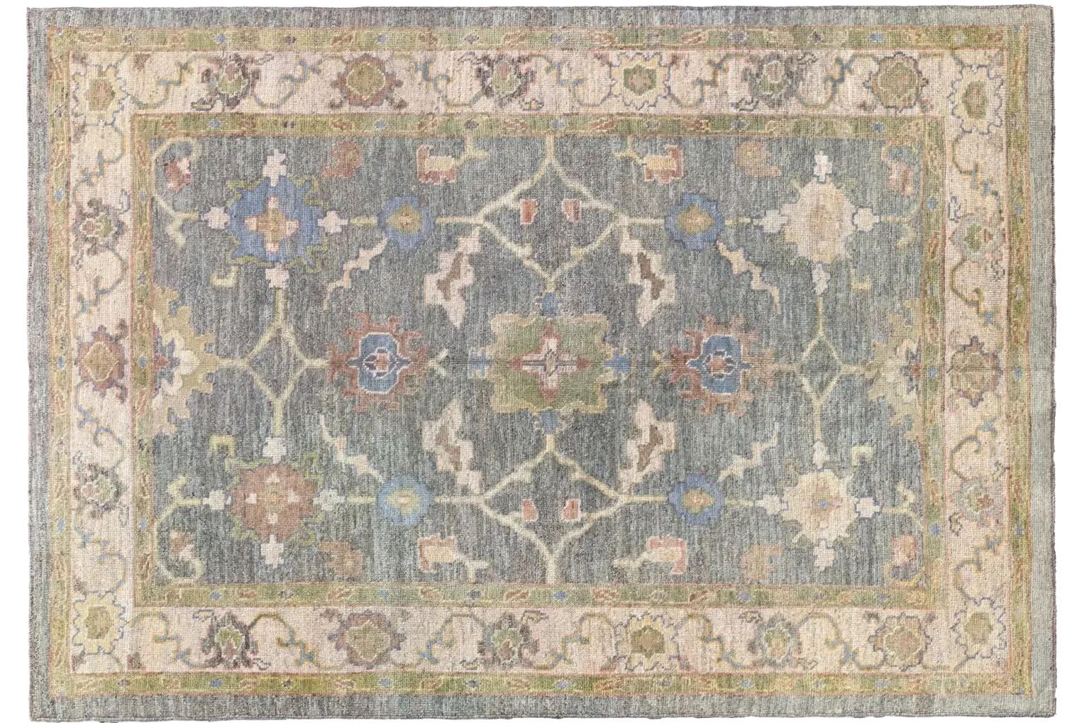 Tribal Turkey Area Rug - Oushak Design - Gray Ivory Green For Sale