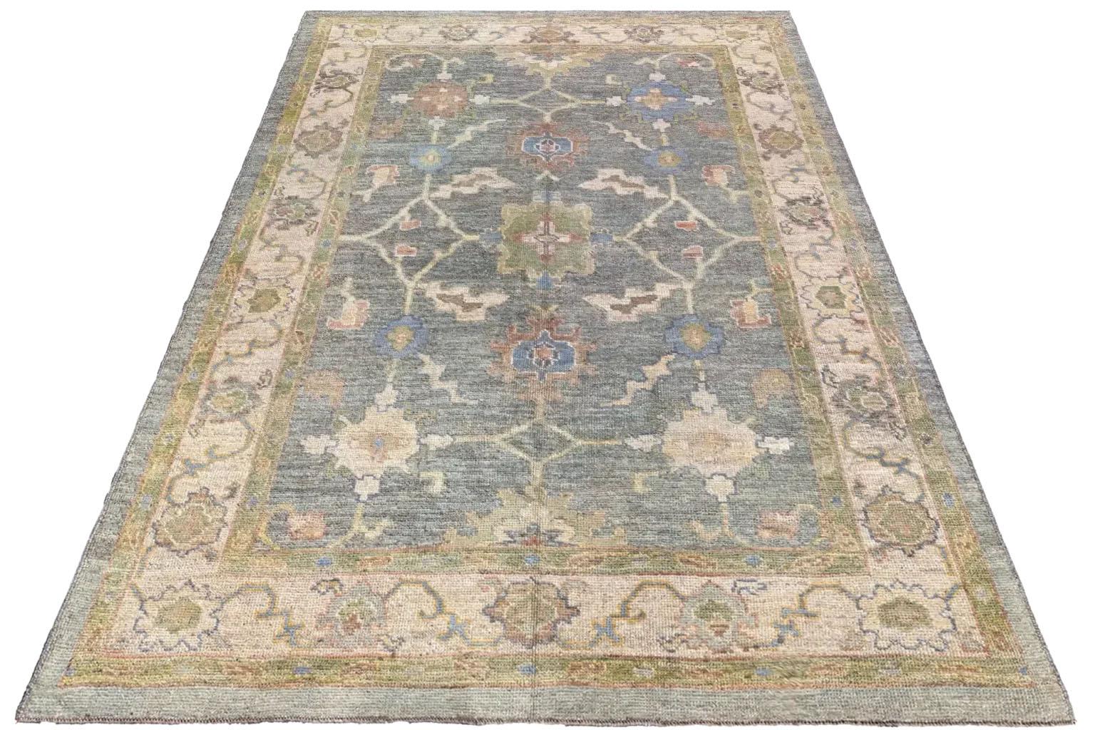 Turkish Turkey Area Rug - Oushak Design - Gray Ivory Green For Sale