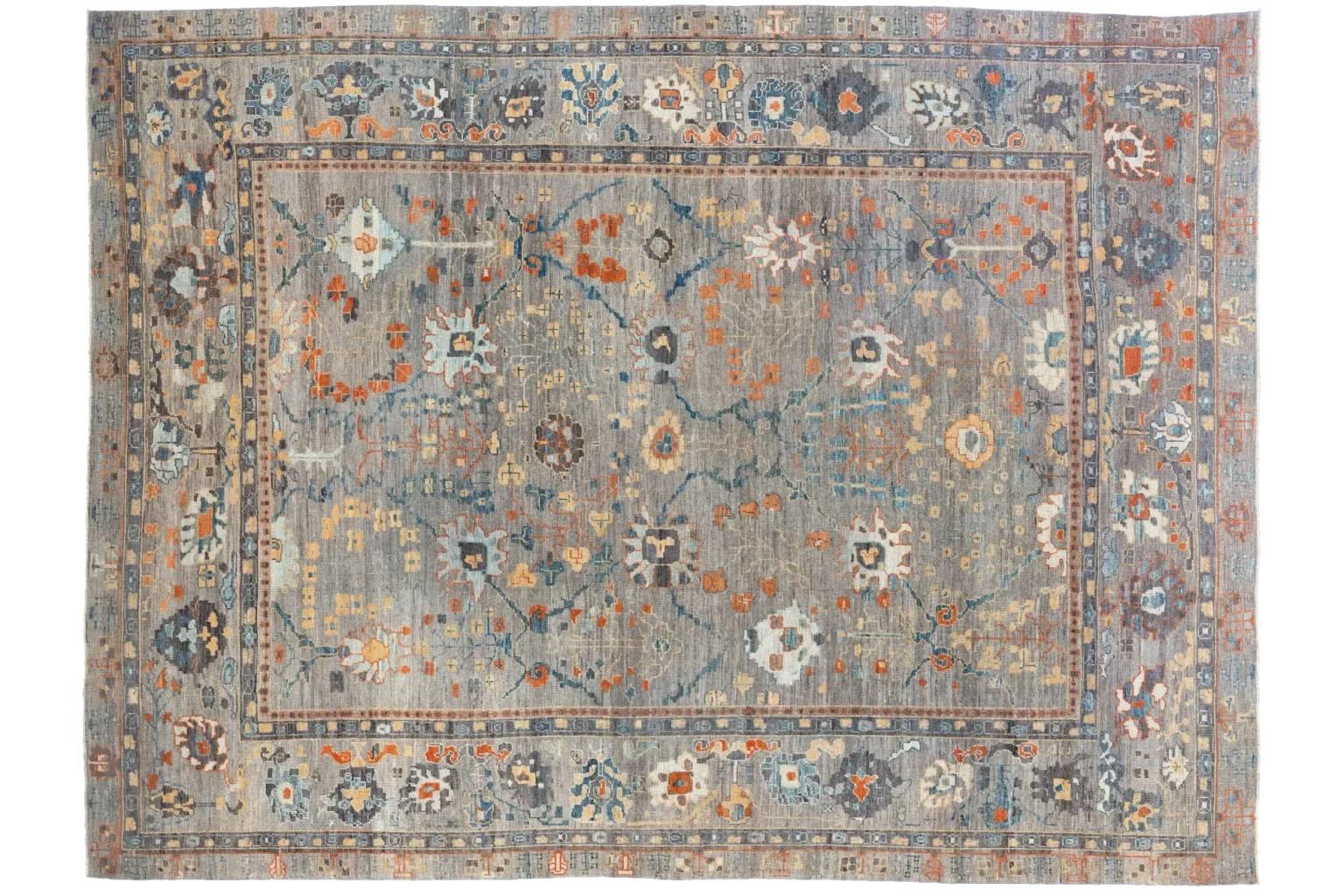 Alfombra Afgana Oushak Circa 1990 - Lana Azul Marfil Naranja - 90743 Afgano en venta