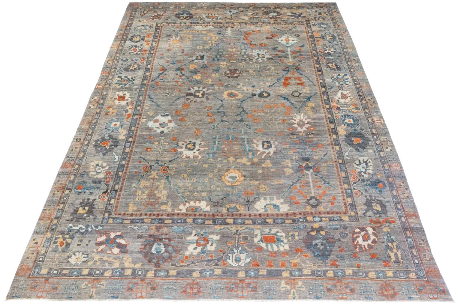 Alfombra Afgana Oushak Circa 1990 - Lana Azul Marfil Naranja - 90743 Anudado a mano en venta