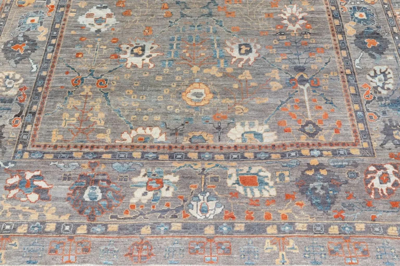 Alfombra Afgana Oushak Circa 1990 - Lana Azul Marfil Naranja - 90743 en Excelente estado para la venta en Dallas, TX