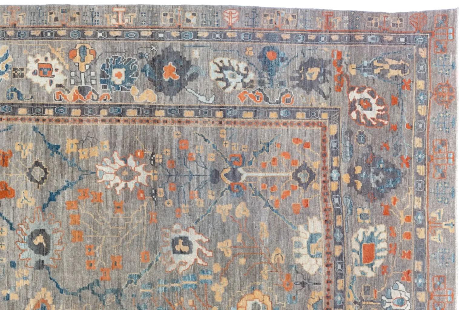 Alfombra Afgana Oushak Circa 1990 - Lana Azul Marfil Naranja - 90743 siglo XX en venta