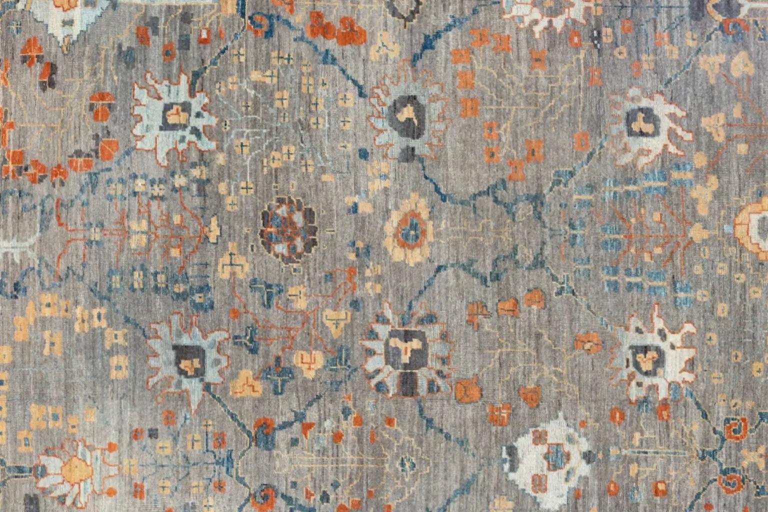 Alfombra Afgana Oushak Circa 1990 - Lana Azul Marfil Naranja - 90743 en venta 1