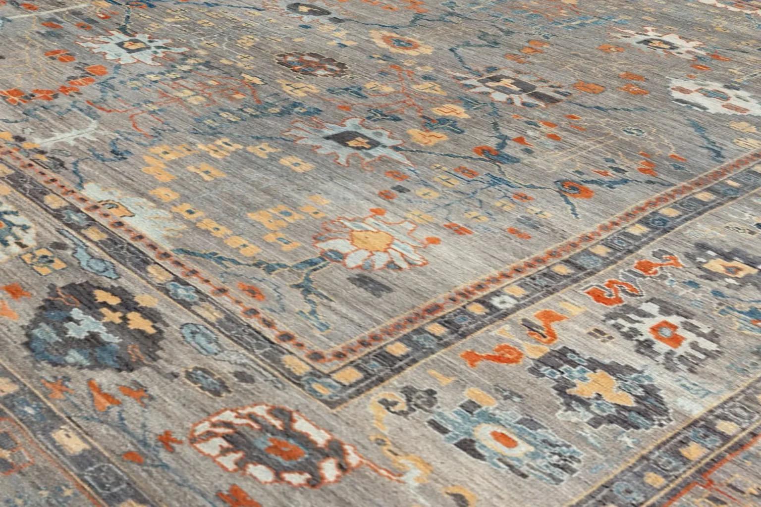 Alfombra Afgana Oushak Circa 1990 - Lana Azul Marfil Naranja - 90743 en venta 2