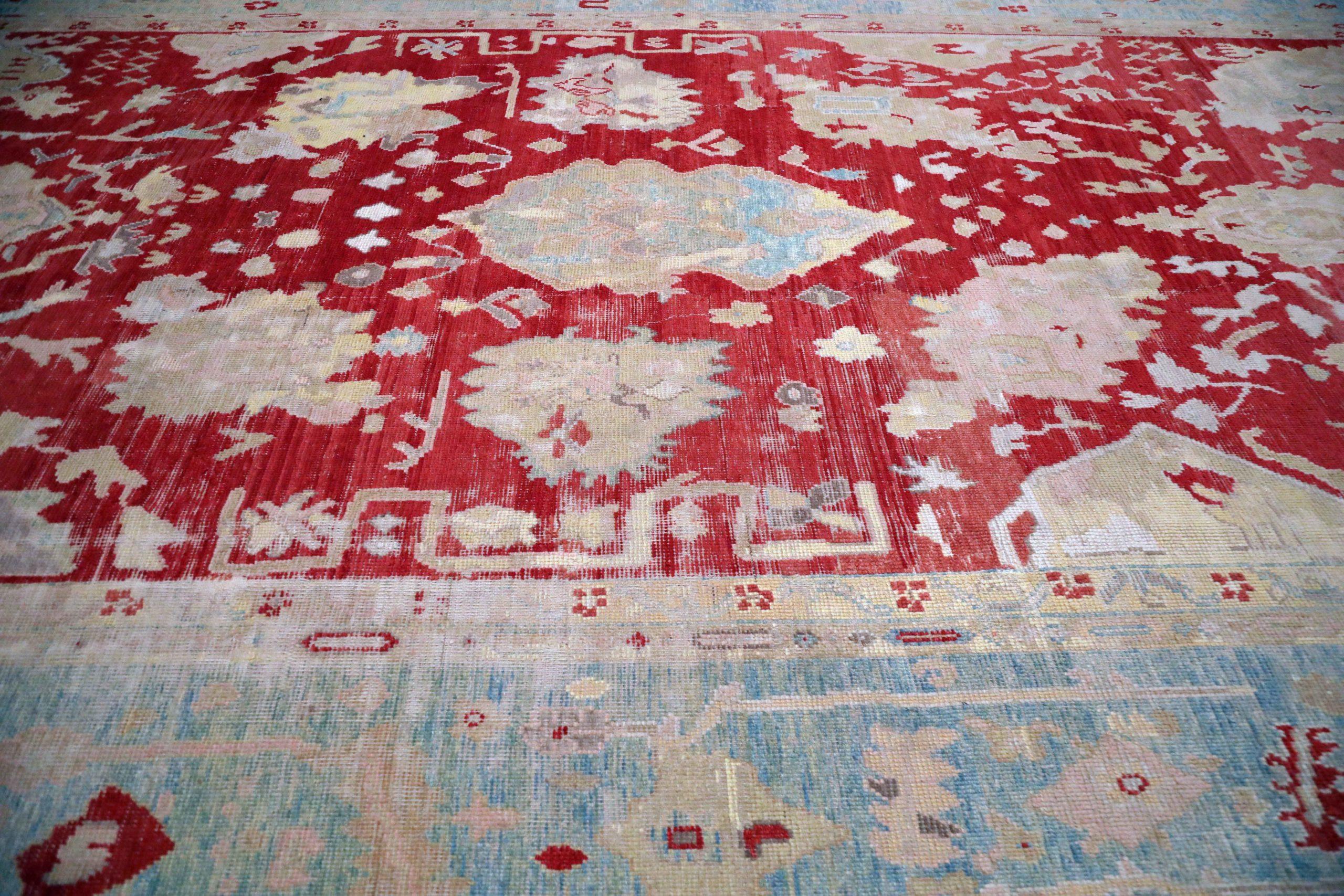 Afghanistan Oushak Over Size Teppich - Wolle Blau Elfenbein Rot Design - 93674 im Zustand „Hervorragend“ im Angebot in Dallas, TX