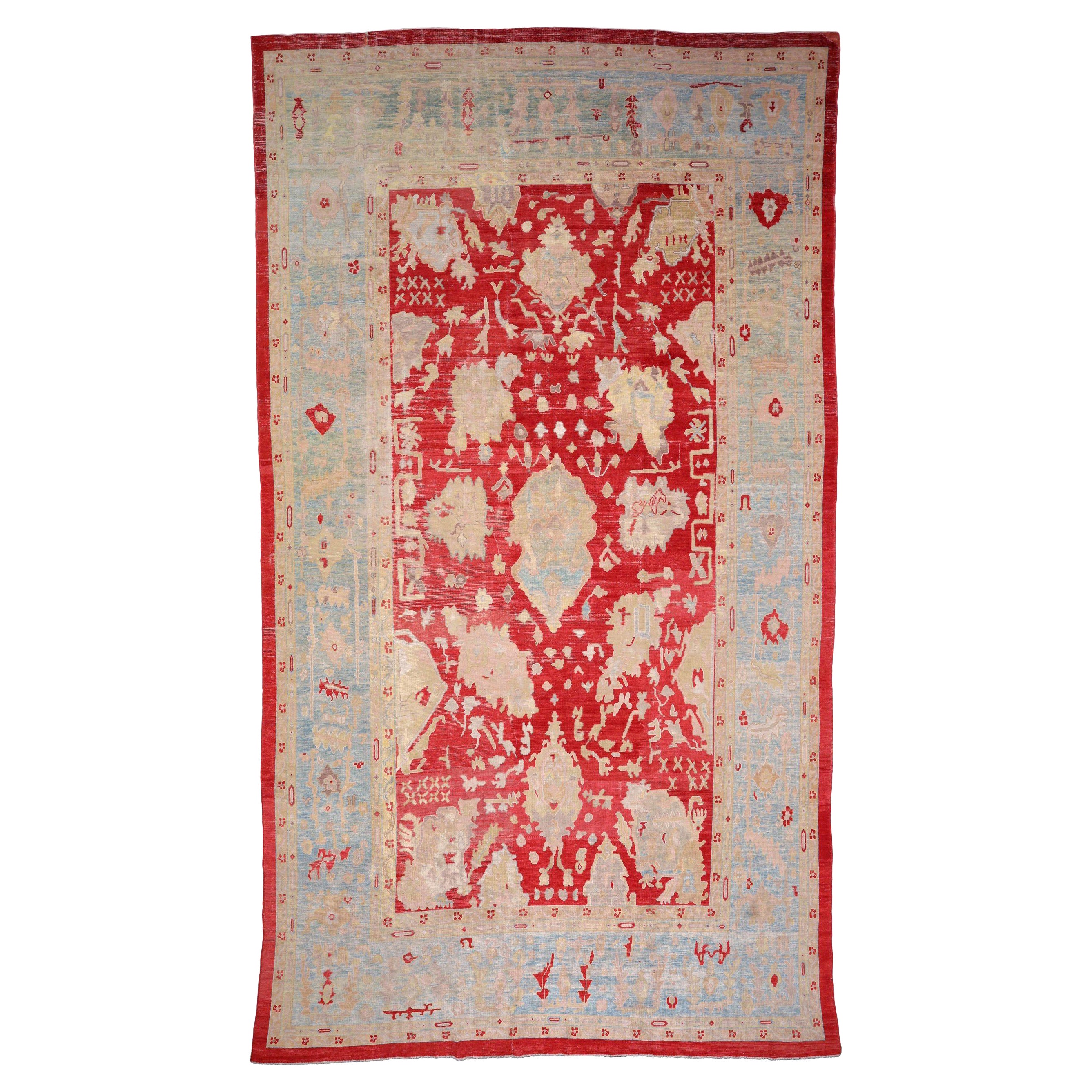 Afghanistan Oushak Over Size Teppich - Wolle Blau Elfenbein Rot Design - 93674 im Angebot