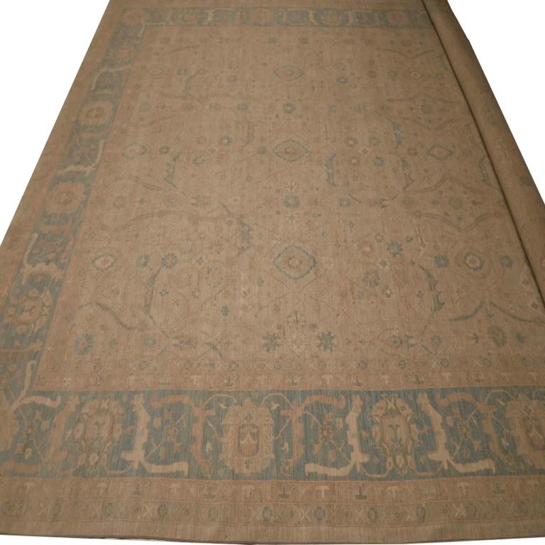Afghanistan Oushak Over Size Teppich - Wolle Blau Elfenbein Taupe - 96229 (Handgewebt) im Angebot