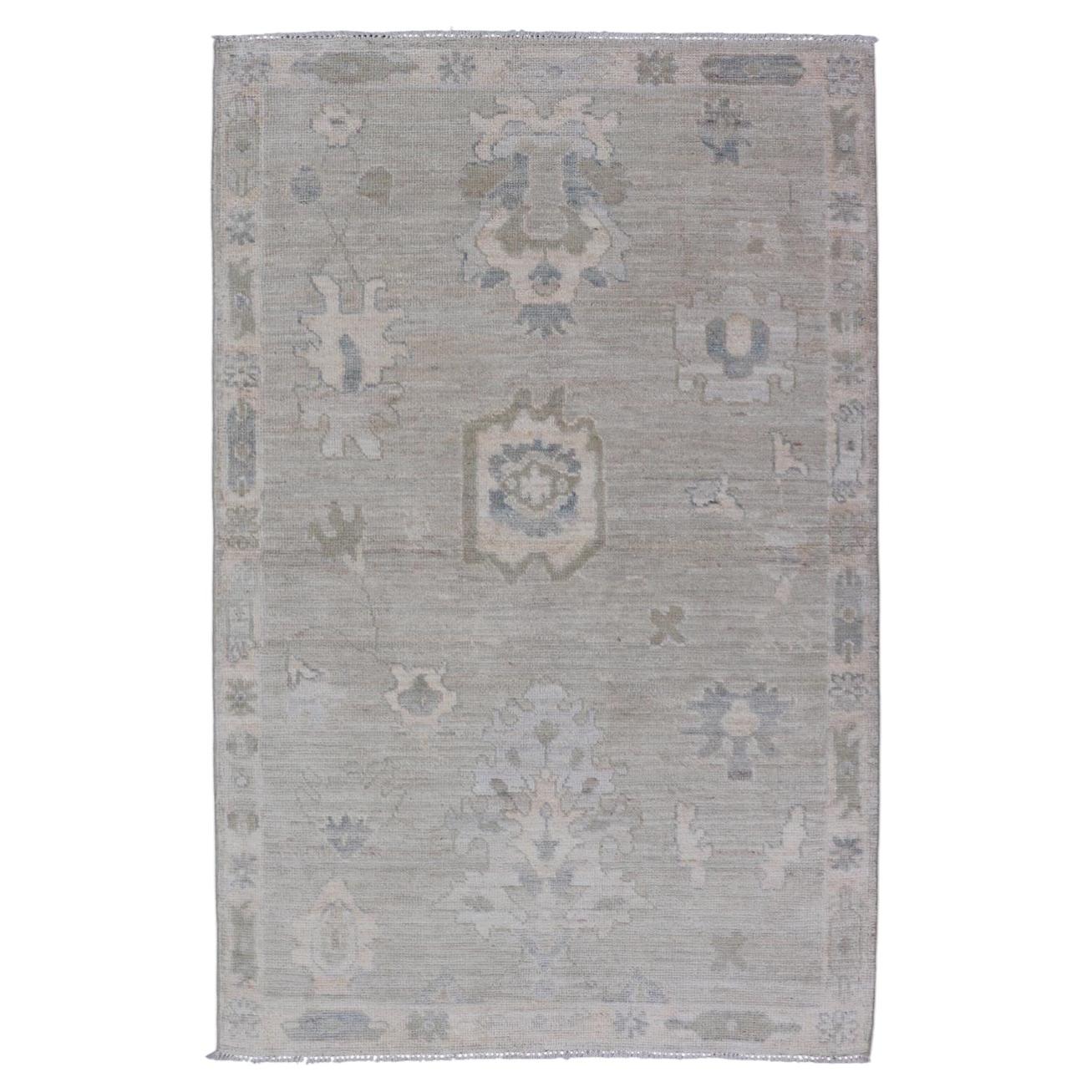 Afghanistan Oushak Rug with Soft Sage Gray Field and Tribal Motifs