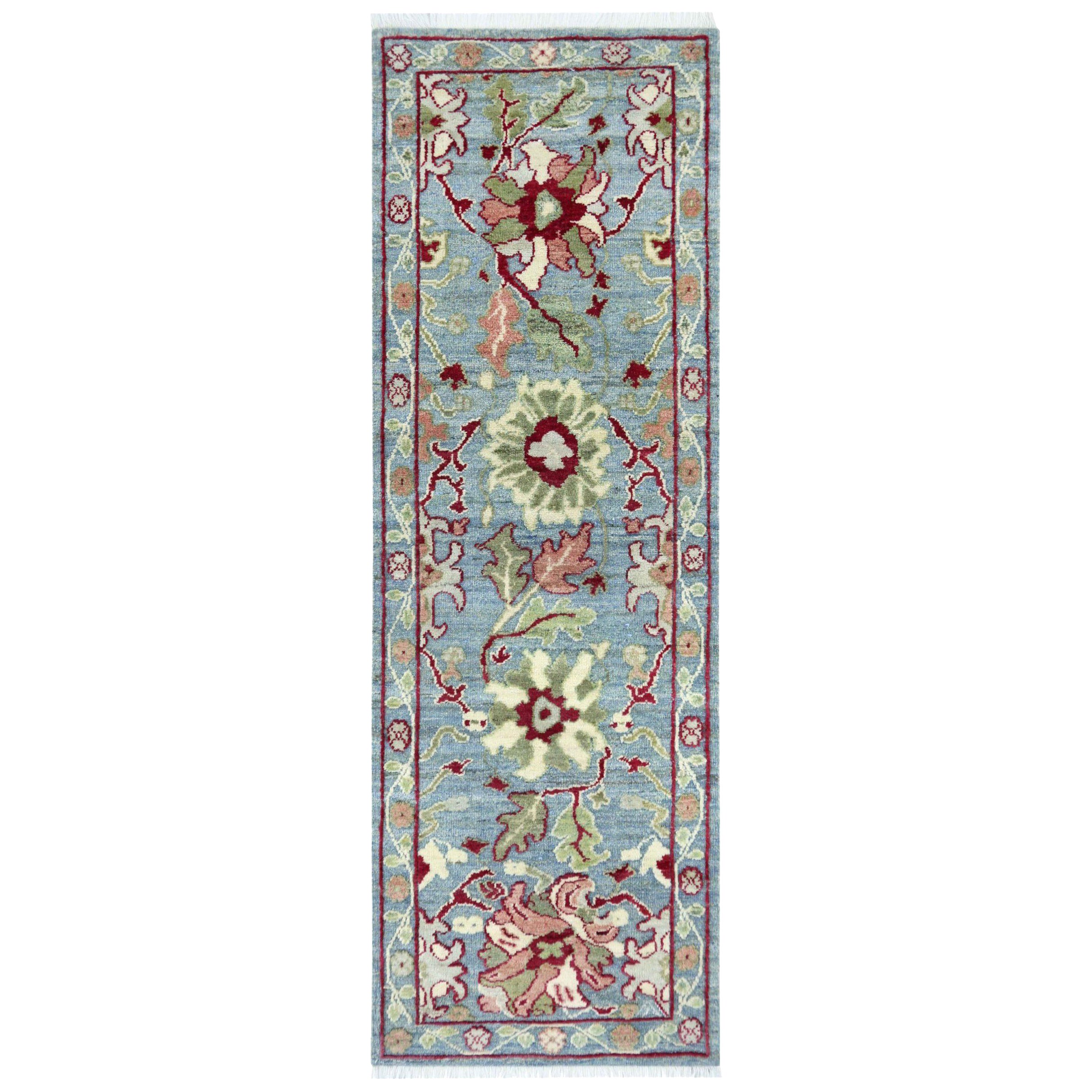 Tappeto Afghanistan Oushak Runner Circa 1990 - Lana Blu Verde Rosa Design - 90756 in vendita