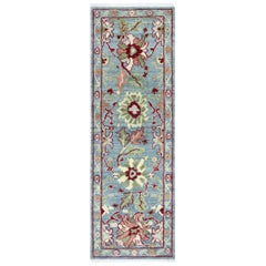Afghanistan Oushak Runner Rug Circa 1990 - Wool Blue Green Pink Design - 90756