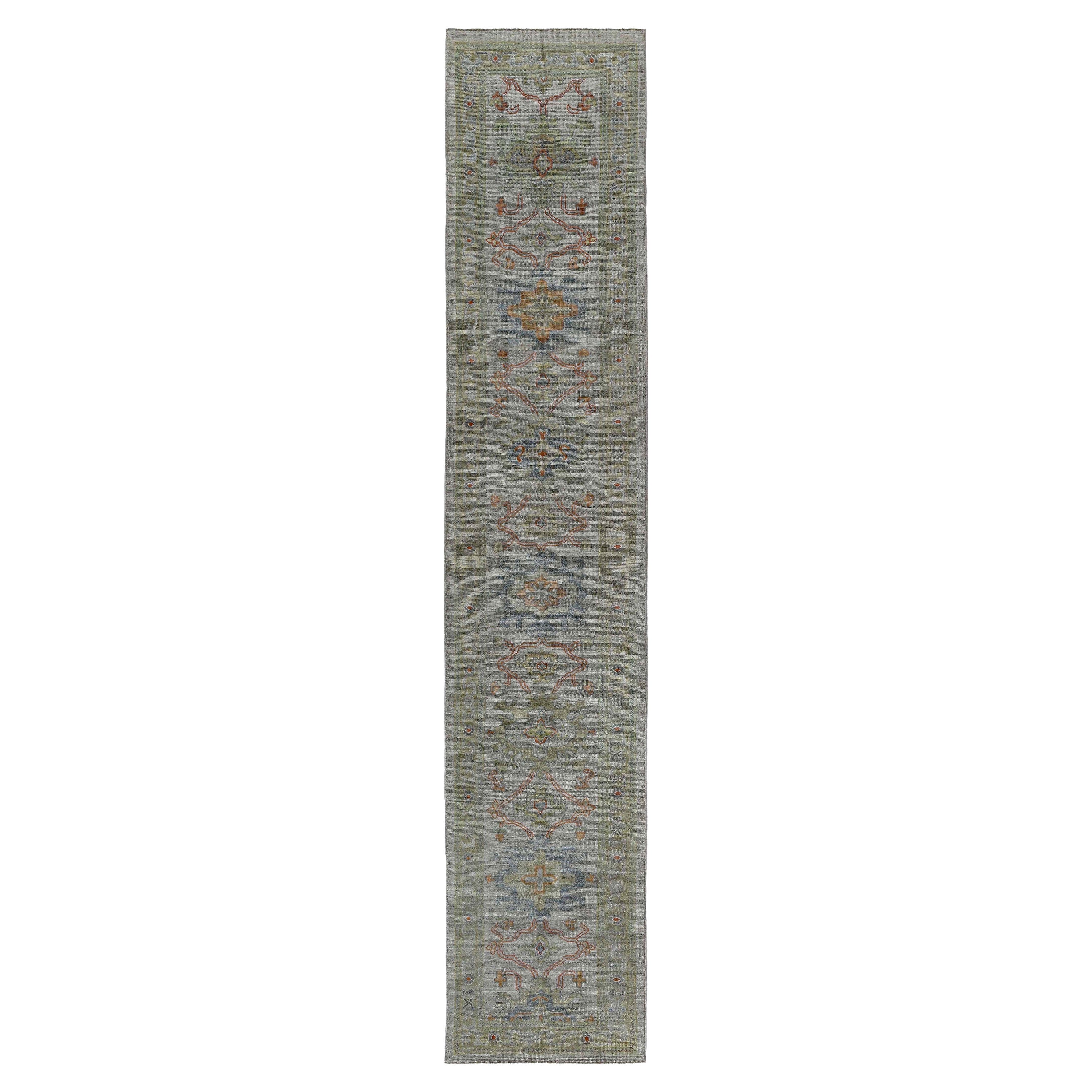 Tappeto Afghanistan Oushak Runner Circa 1990 - Lana Verde Avorio Design - 95503