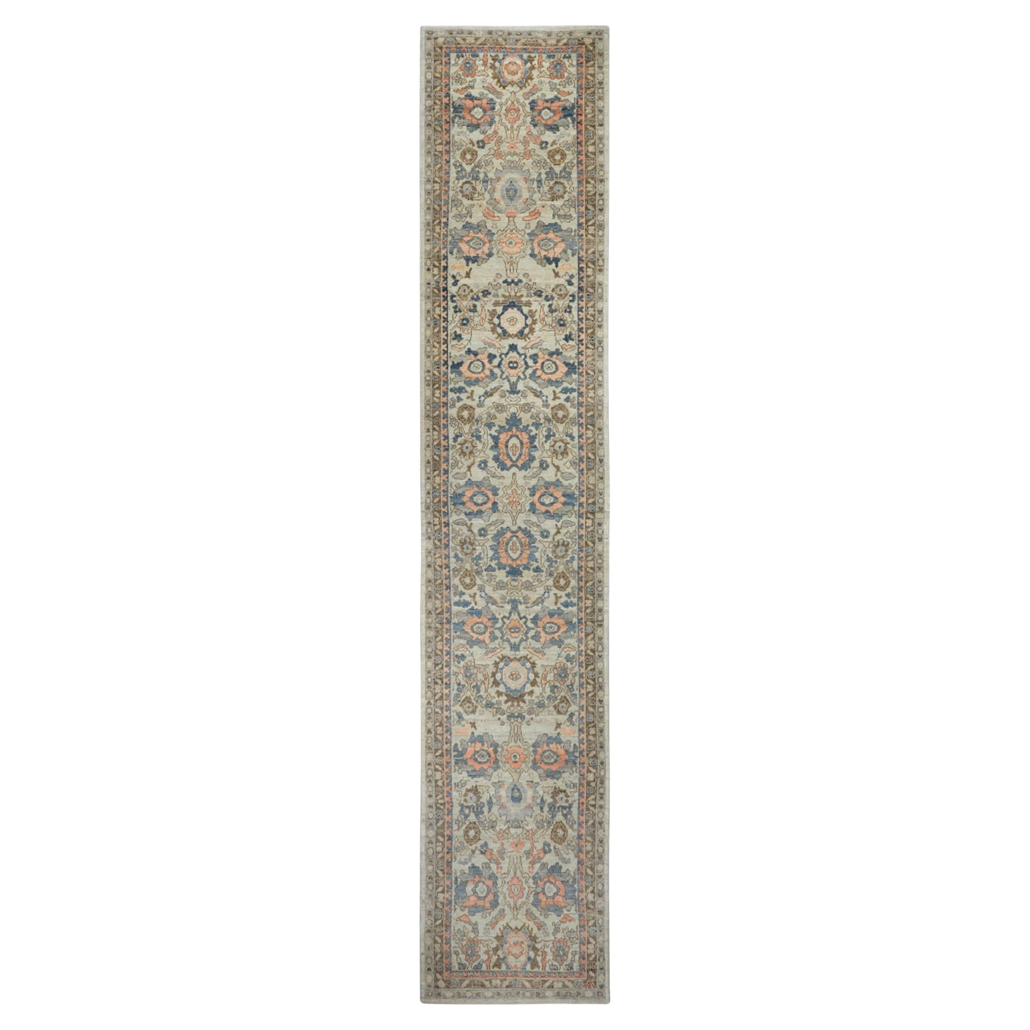 Tappeto Afghanistan Oushak Runner - Disegno in lana blu avorio rosa - 93620