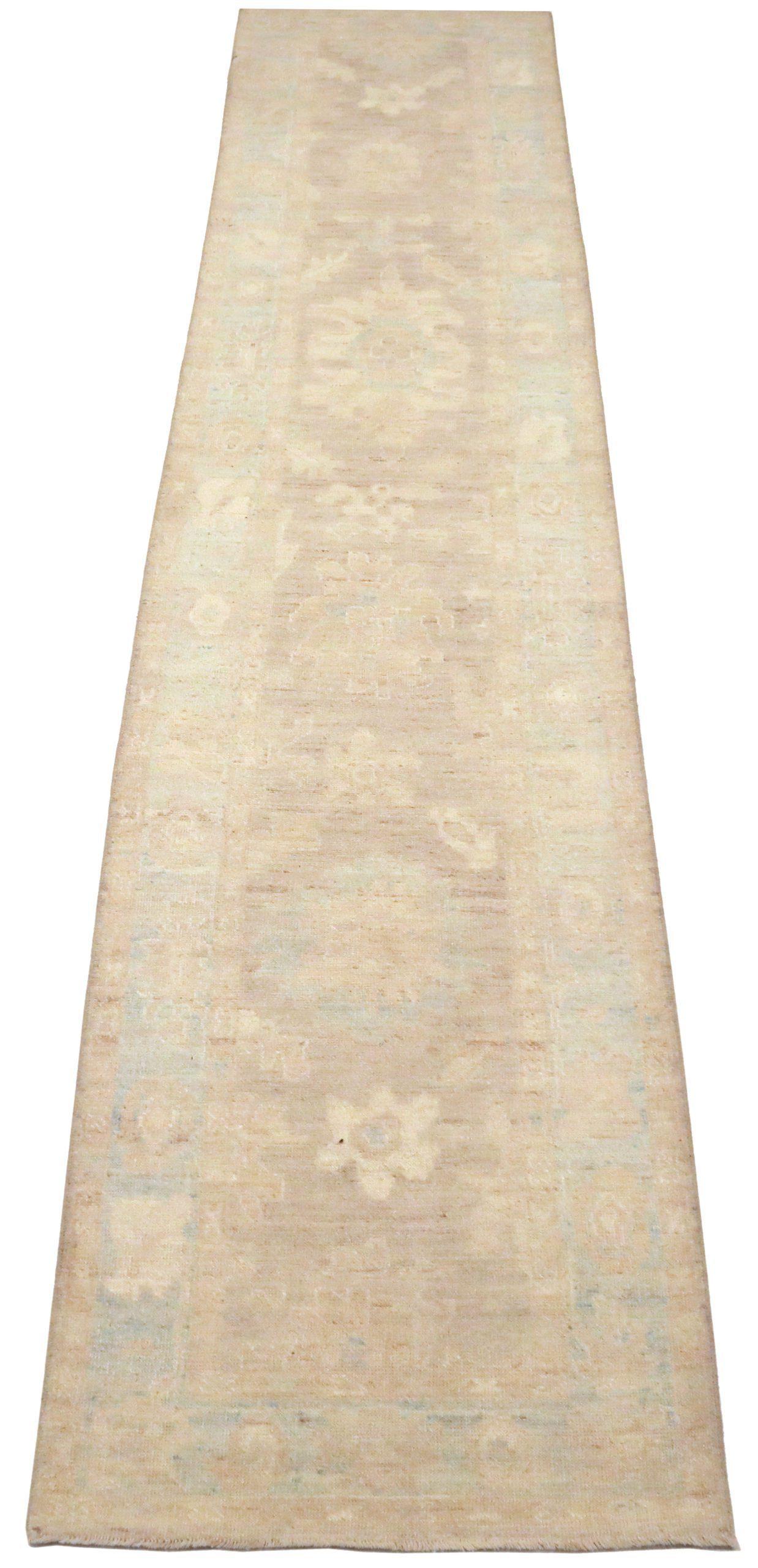 Afghanistan Oushak-Läufer - Wolle Blau Elfenbein Taupe Design - 93659 (Stammeskunst) im Angebot
