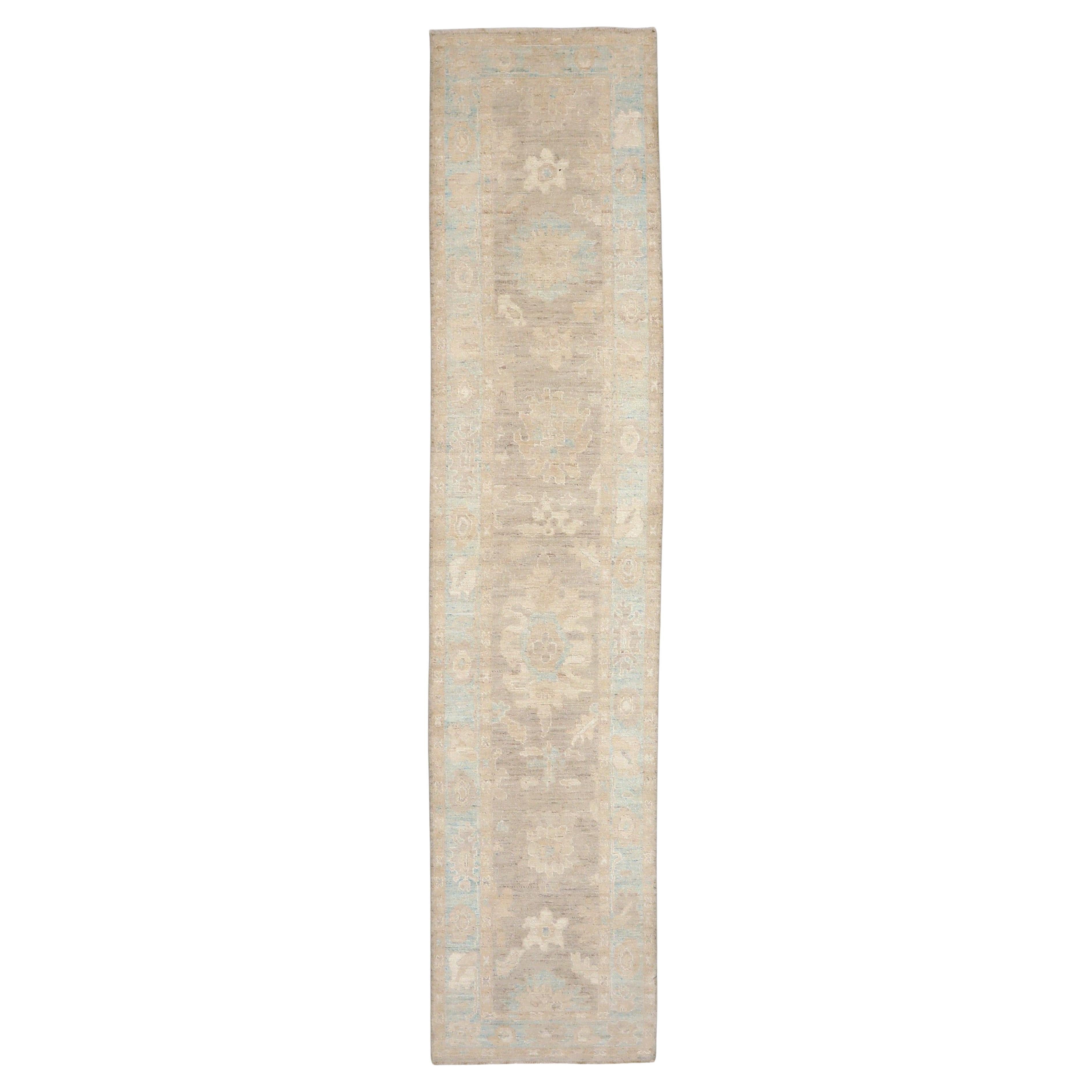 Afghanistan Oushak-Läufer - Wolle Blau Elfenbein Taupe Design - 93659 im Angebot