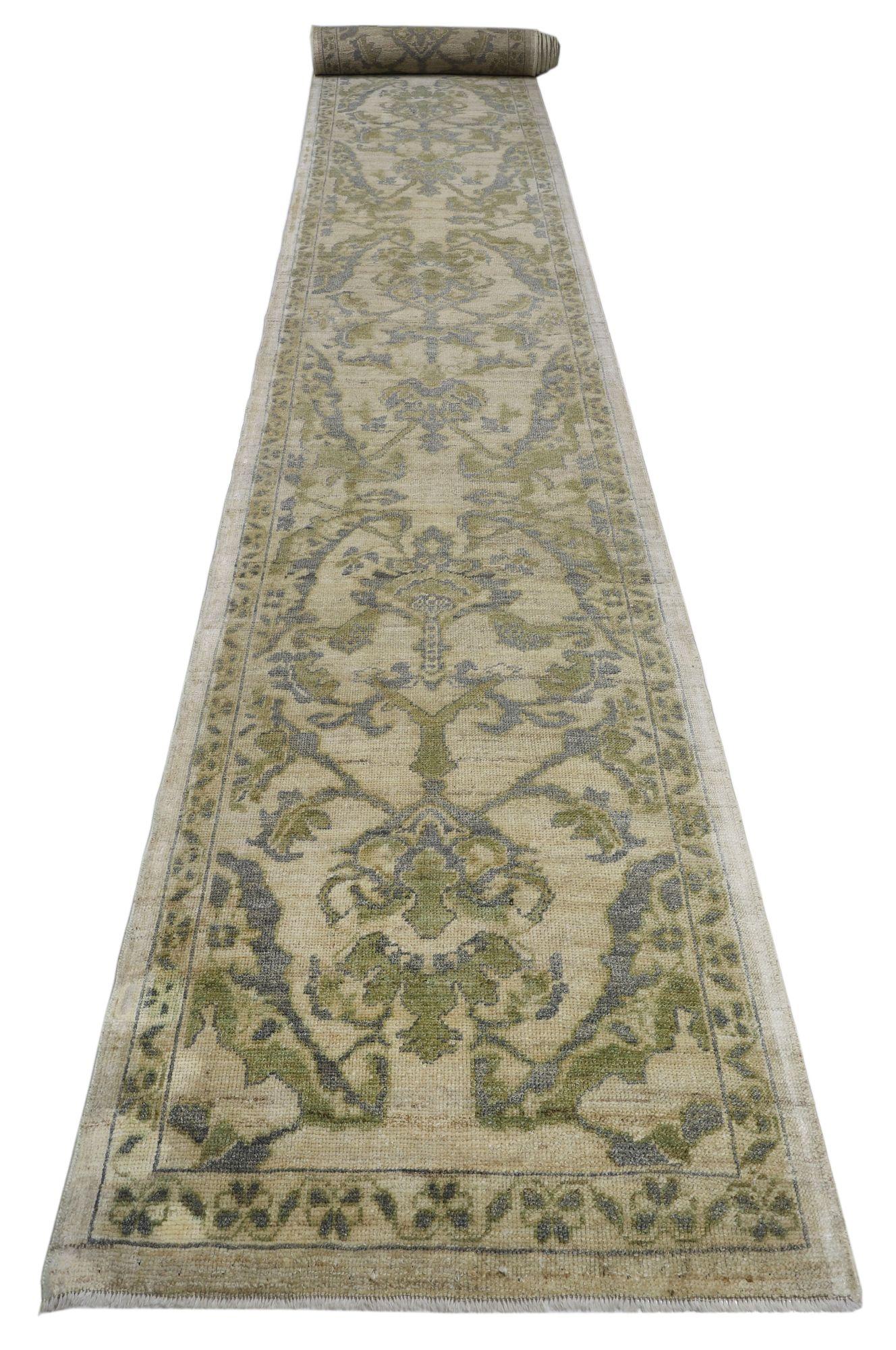 Afghanistan Oushak-Läufer - Wolle Grau Grün Elfenbein Design - 93618 (Afghanisch) im Angebot