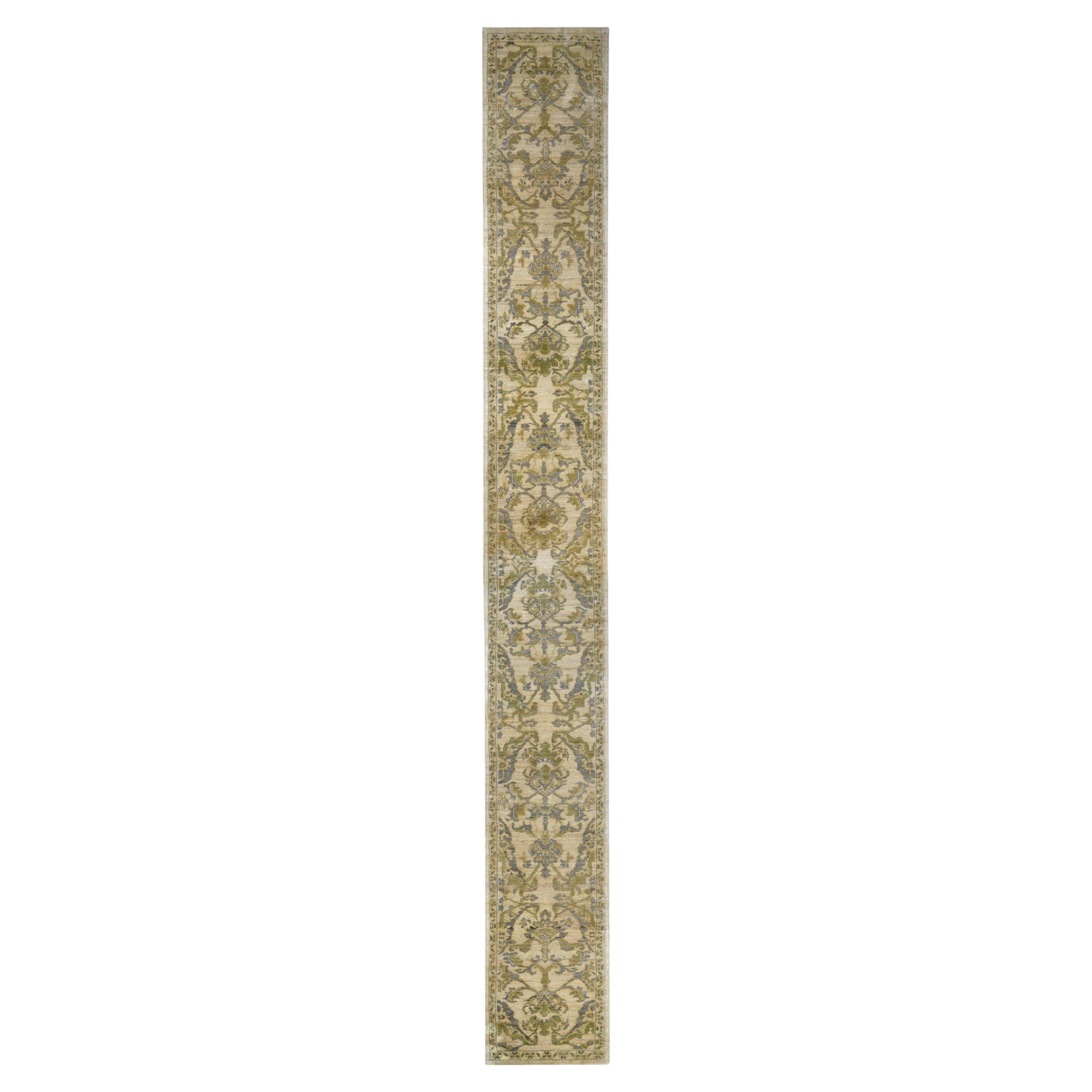 Afghanistan Oushak-Läufer - Wolle Grau Grün Elfenbein Design - 93618 im Angebot