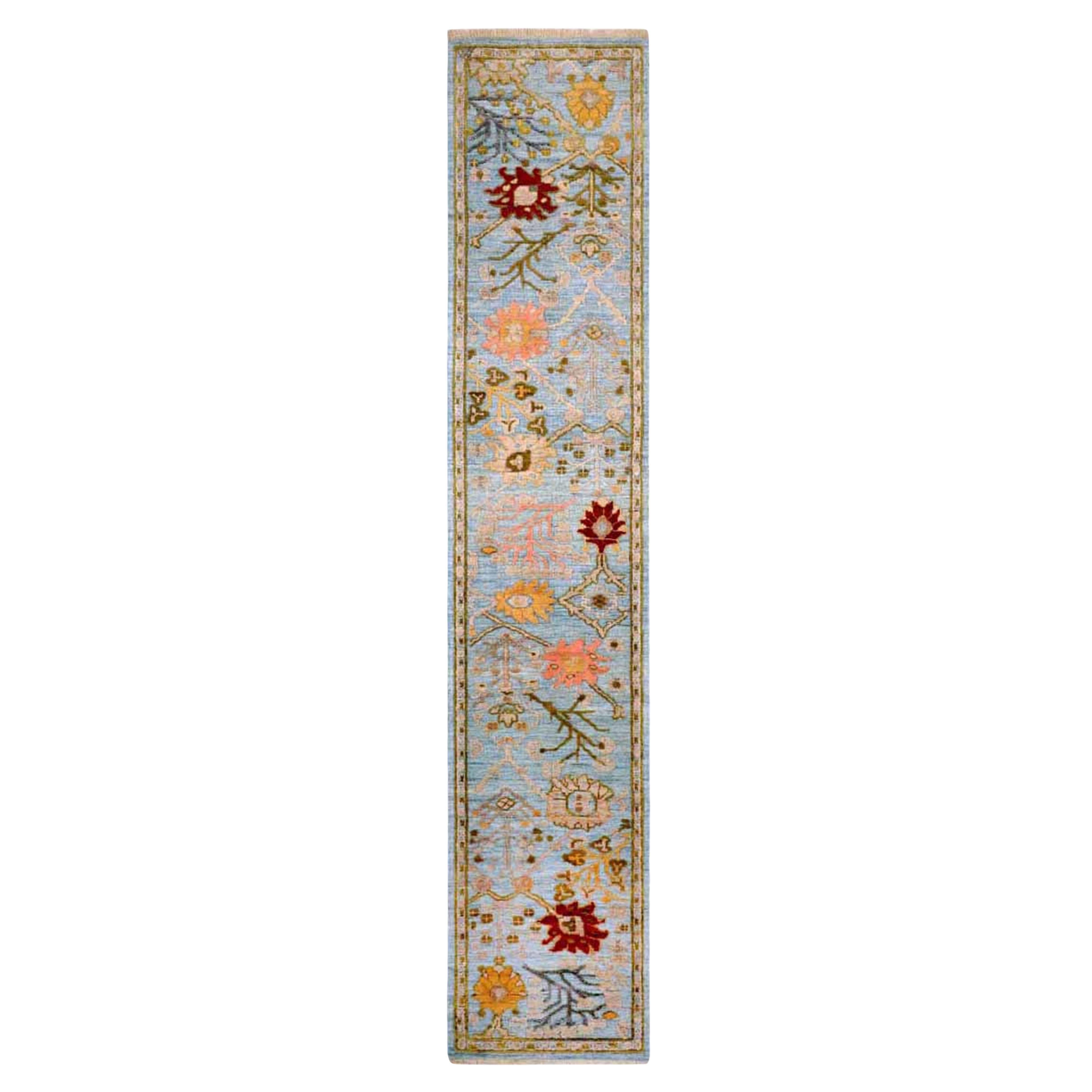 Afghanistan Oushak Runner Rug - Wool Light Blue Design - 93621
