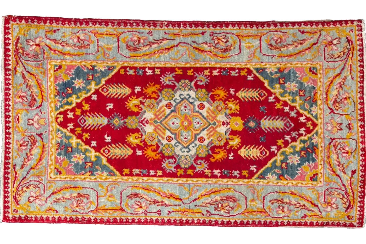 Turkish Turkey Oushak Small Rug Circa 1940 - Wool Blue Red Yellow Design - 92396 For Sale