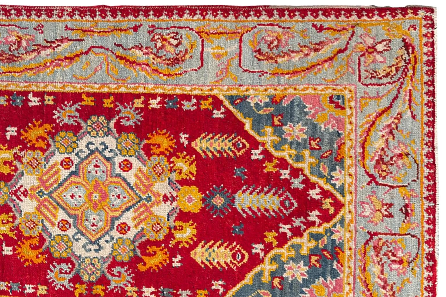 20th Century Turkey Oushak Small Rug Circa 1940 - Wool Blue Red Yellow Design - 92396 For Sale