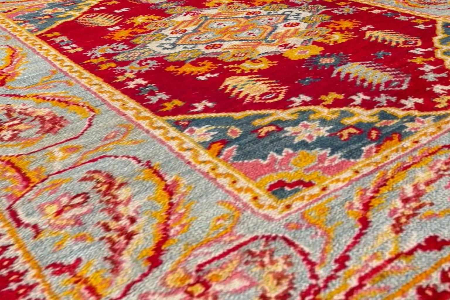 Turkey Oushak Small Rug Circa 1940 - Wool Blue Red Yellow Design - 92396 For Sale 2