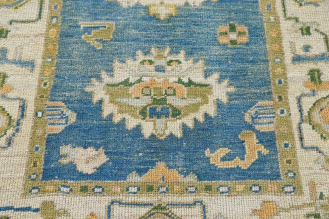 Tribal Turkey Rose Collection Small Rug - Wool Blue Green Ivory - 90894 For Sale