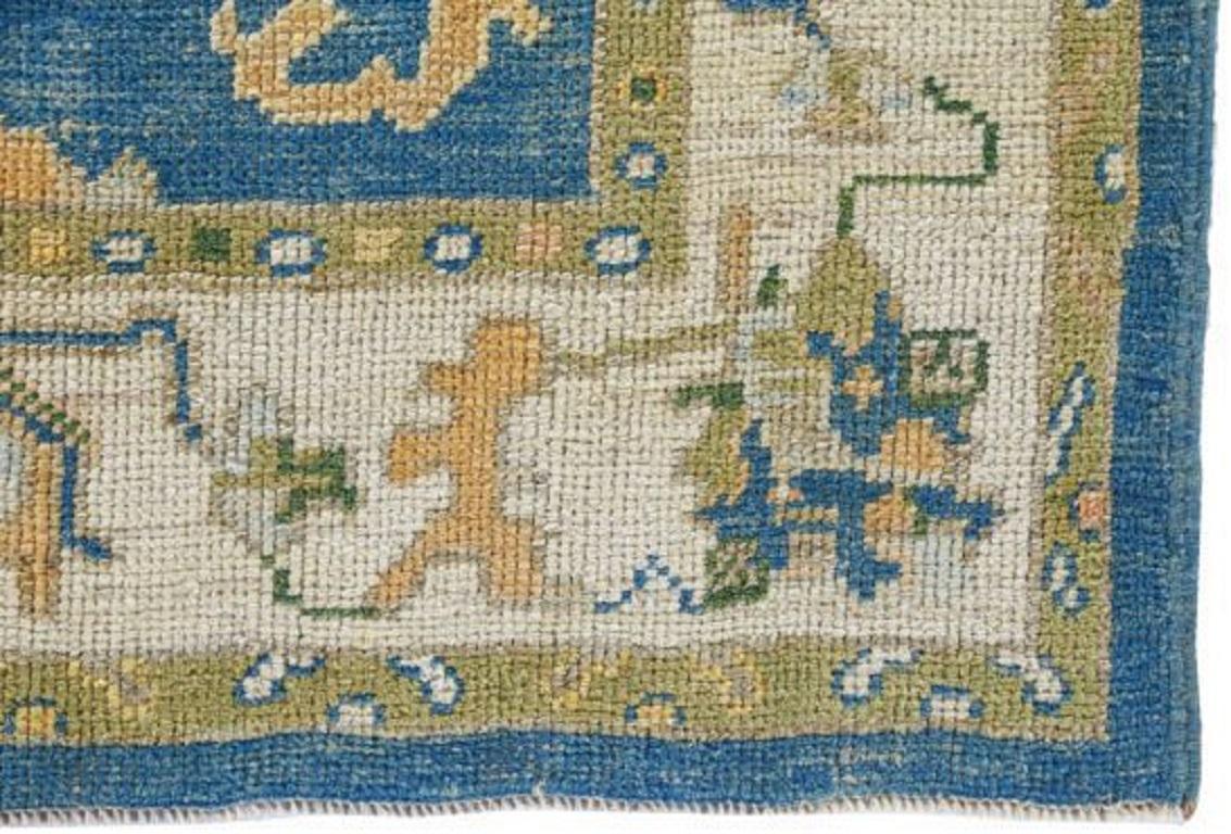 Turkish Turkey Rose Collection Small Rug - Wool Blue Green Ivory - 90894 For Sale