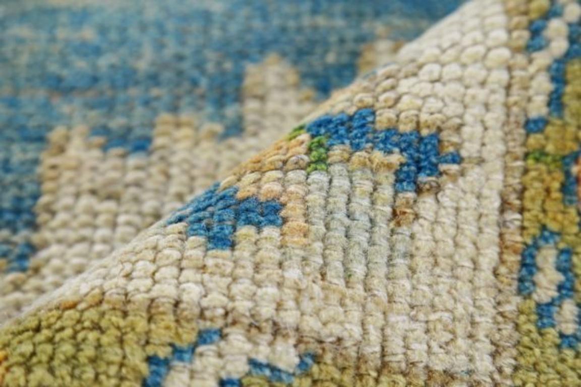 Hand-Knotted Turkey Rose Collection Small Rug - Wool Blue Green Ivory - 90894 For Sale