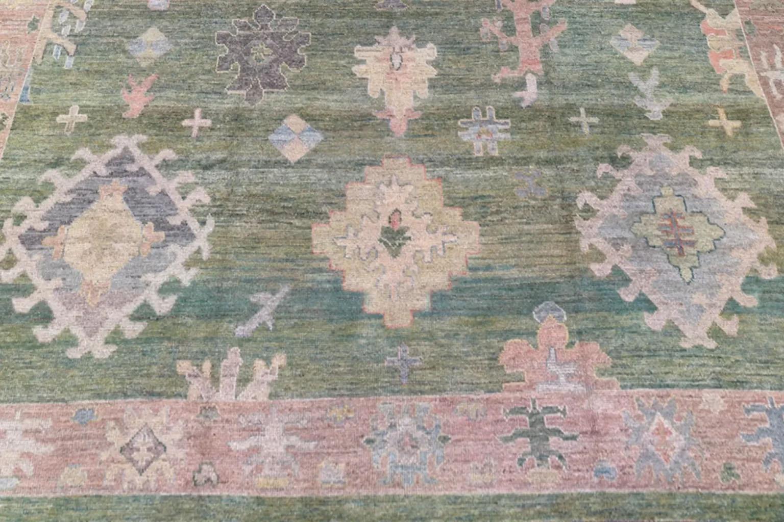 Hand-Woven Afghanistan Rose Collection Square Area Rugs - Wool Blue Pink - 90939 For Sale