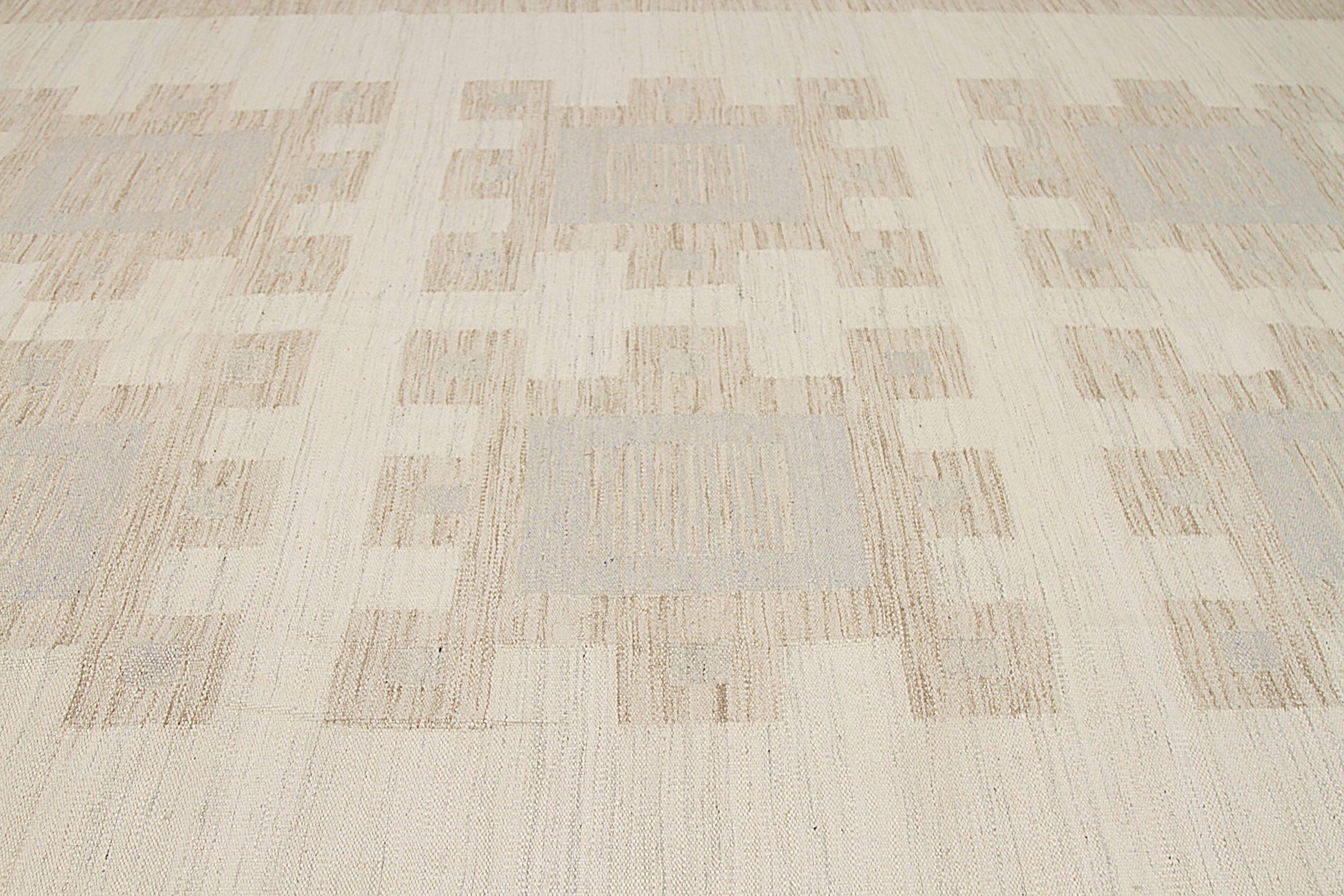20th Century Afghanistan Scandinavian Area Rugs Circa 1990 - Wool Blue Ivory Taupe - 92596 For Sale