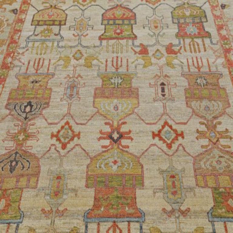Afghanistan Serapi-Teppiche - Wolle Grün Elfenbein Rot Design - 91007 (Stammeskunst) im Angebot