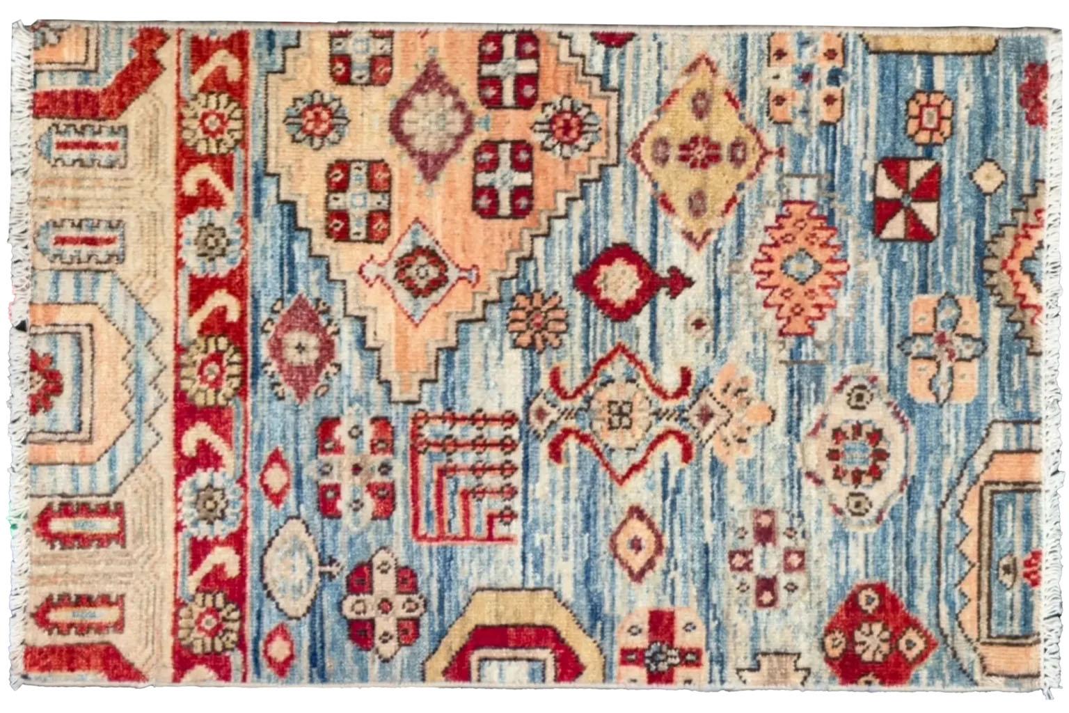 Tissé à la main Tapis Afghanistan Small Design - Tribal Design - Rouge Bleu Ivoire en vente