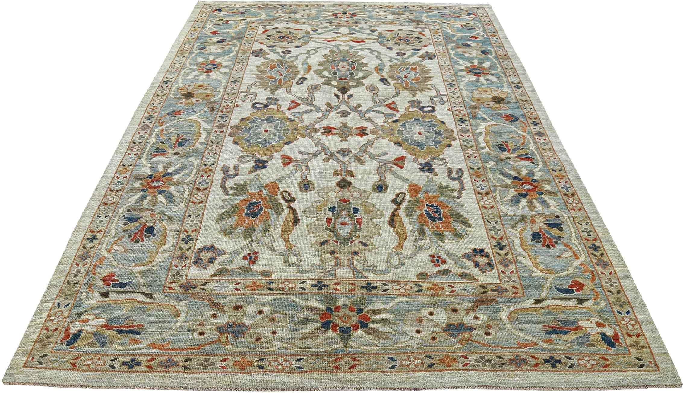 Entdecken Sie die Eleganz von Afghanistan Sultanabad mit Teppichen um 1990. Dieses exklusive Design aus Wolle und Blau-Elfenbein eignet sich perfekt, um Ihren Raum zu verschönern.