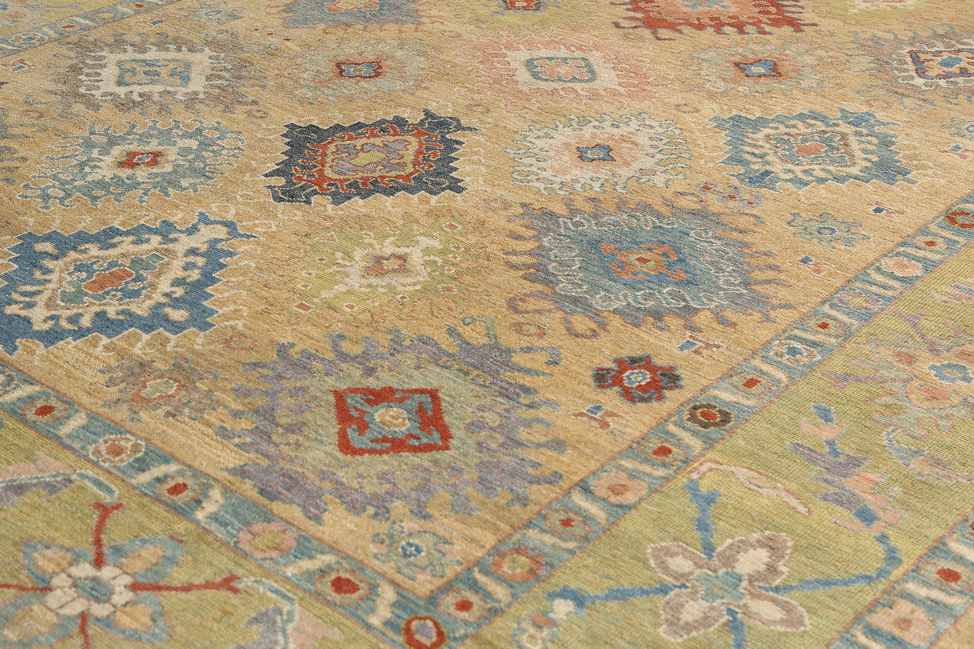 Tribal Tapis d'Afghanistan Sultanabad - Design en laine vert jaune - 97291 en vente