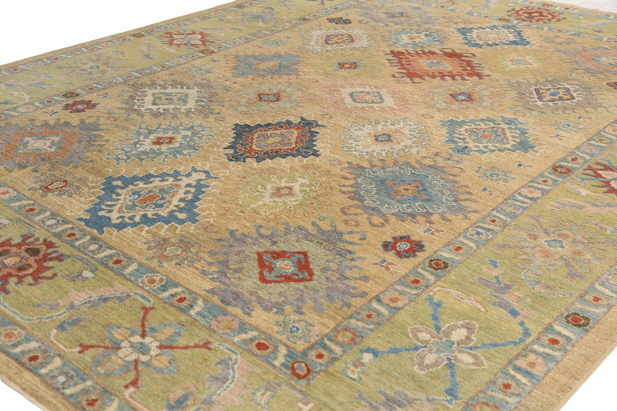 Tapis d'Afghanistan Sultanabad - Design en laine vert jaune - 97291 Excellent état - En vente à Dallas, TX