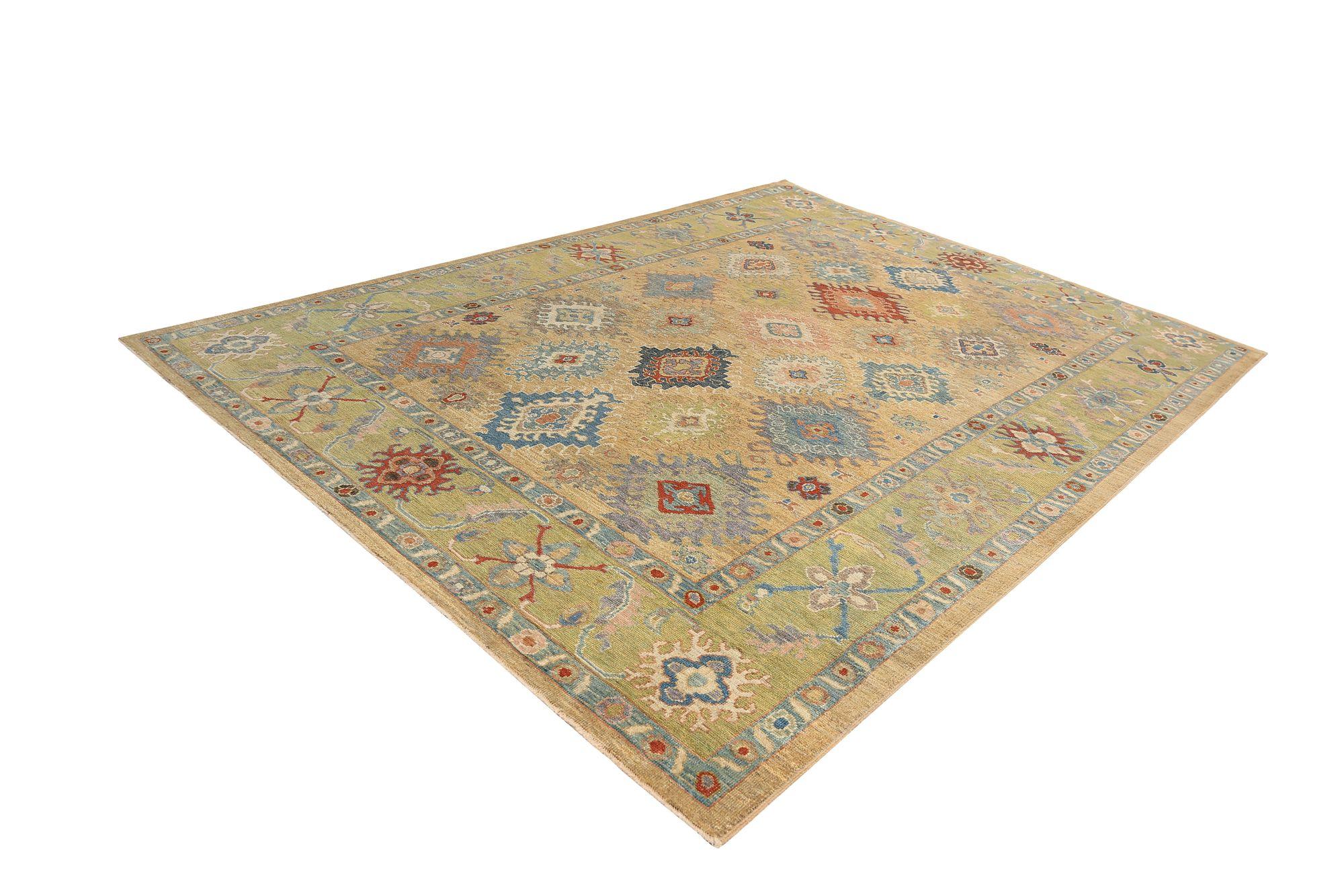 20ième siècle Tapis d'Afghanistan Sultanabad - Design en laine vert jaune - 97291 en vente