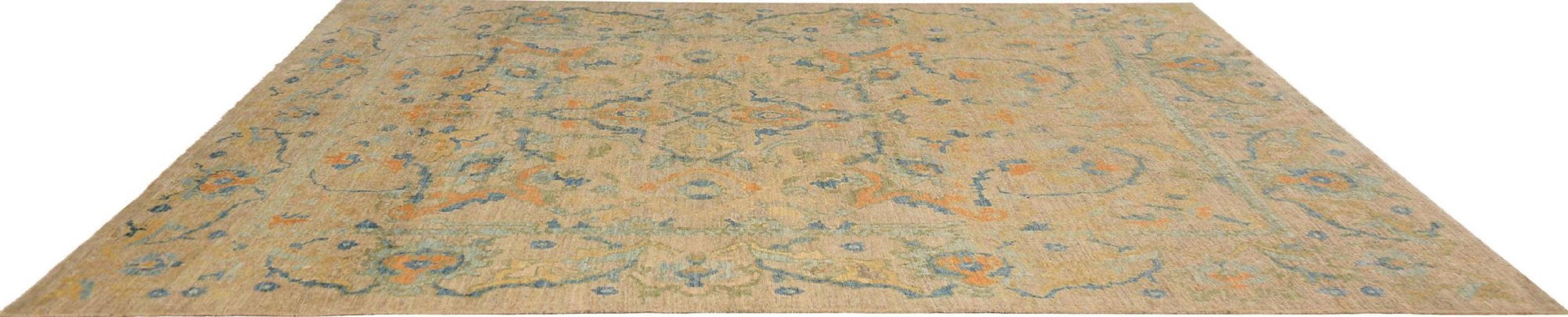 
Inviting Afghan Sultanabad Area Rug: A Warm Tapestry of Golden Beiges and Subtle Blues
A Field of Radiant Warmth and Artistic Grace
This charming Afghan Sultanabad area rug presents an inviting foundation. Its expansive field, in a luminous golden