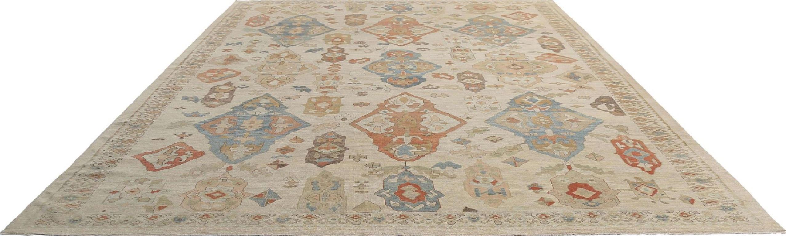 Afghanistan Sultanabad Over Size Teppich - Wolle Blau Elfenbein Rot - 95579 (Stammeskunst) im Angebot