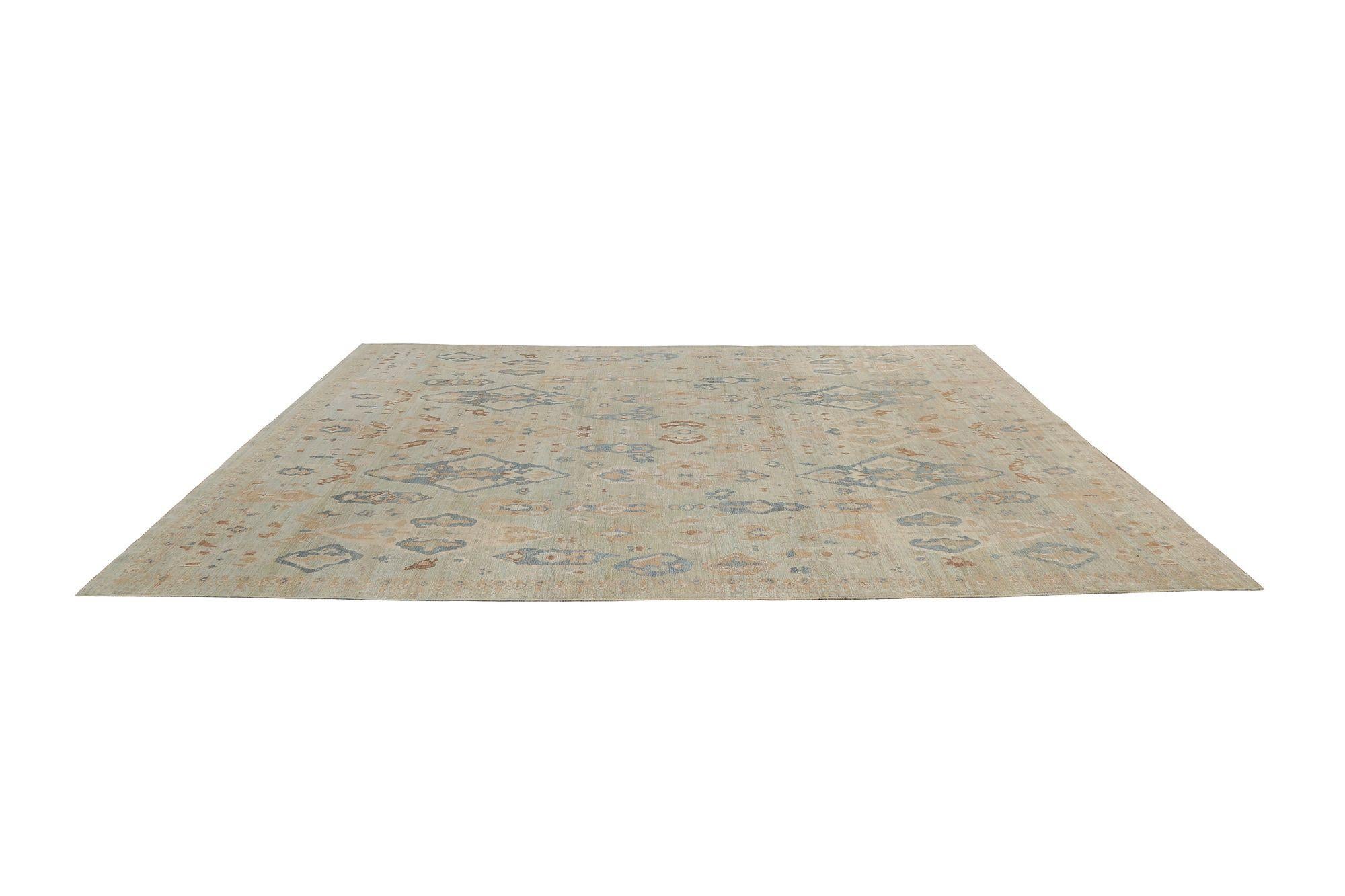 Afghan Tapis Sultanabad en laine vert clair bleu - 97505 en vente