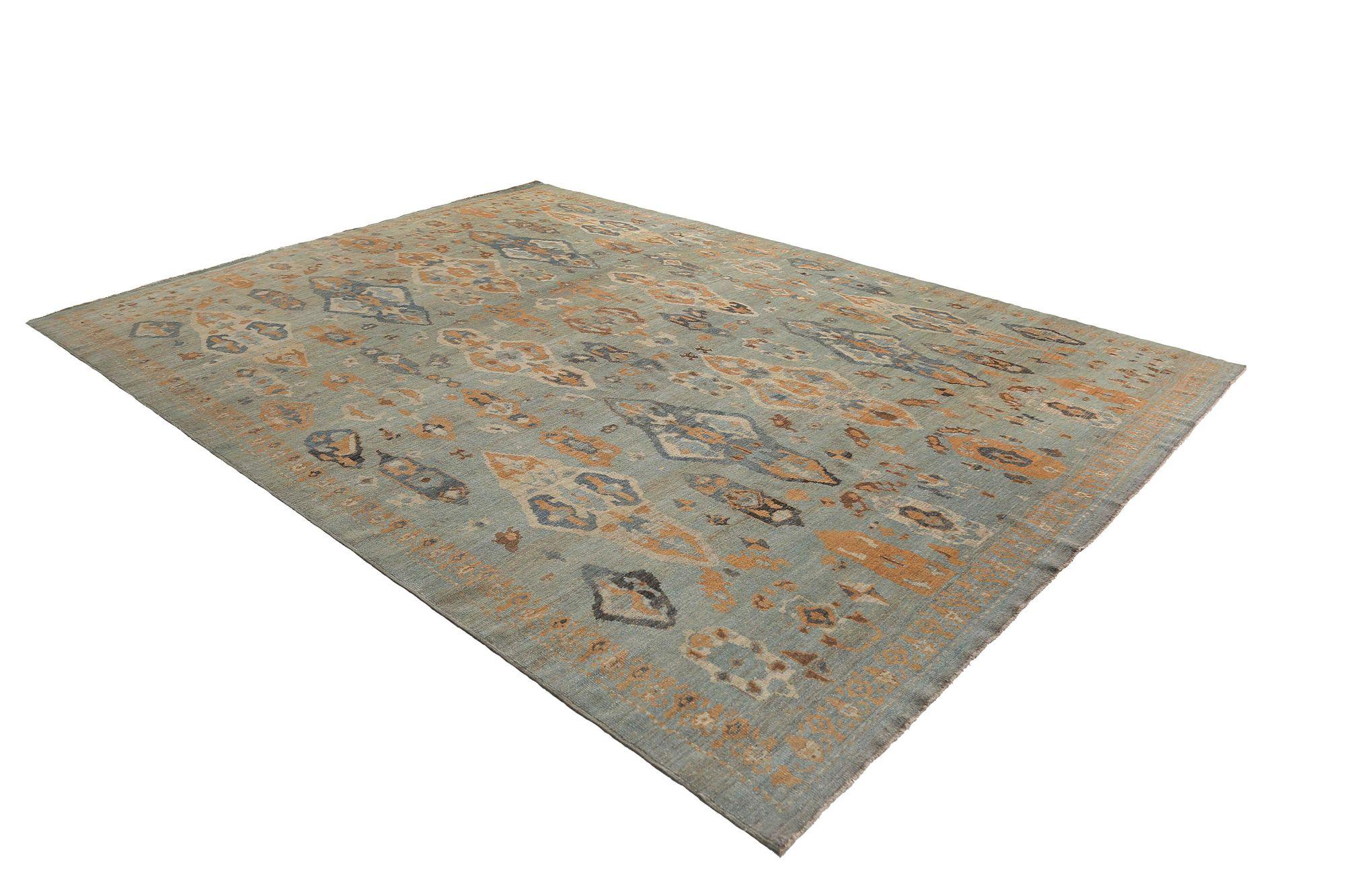 Sultanabad Over Size-Teppich aus Wolle in Hellblau und Orange aus Afghanistan Sultanabad - 97028 (Stammeskunst) im Angebot