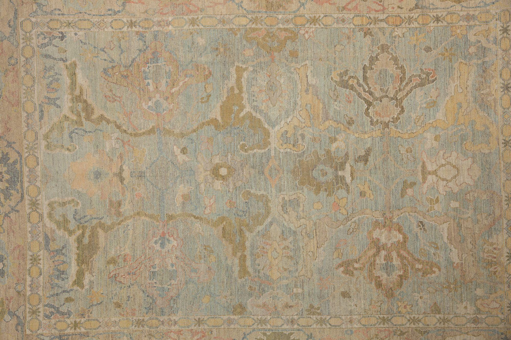 Tribal Tapis Sultanabad en laine bleu clair et jaune - 97376 en vente