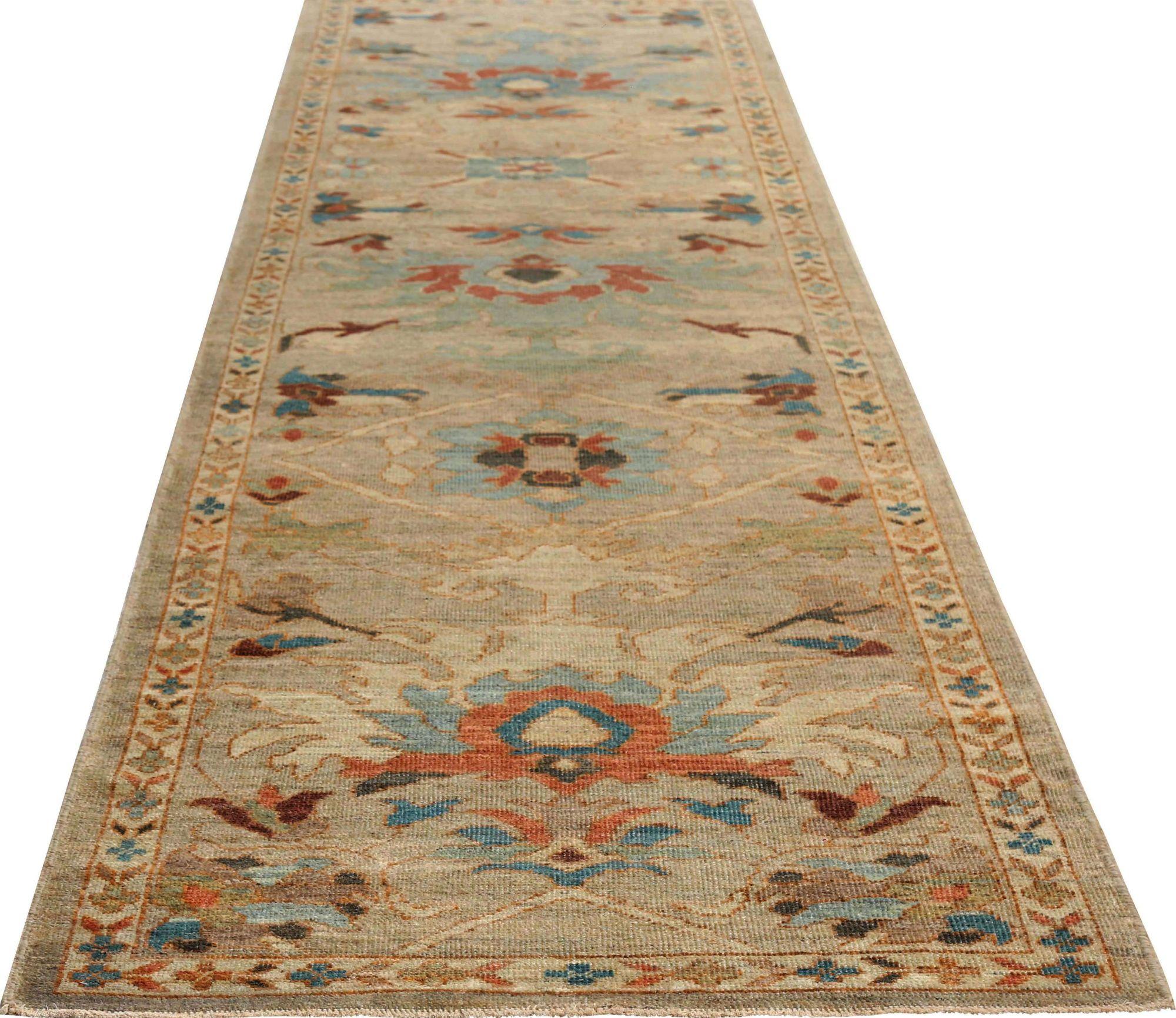 Sultanabad-Läufer aus Wolle in Blau, Grün und Elfenbein, Afghanistan, 95782 im Zustand „Hervorragend“ im Angebot in Dallas, TX