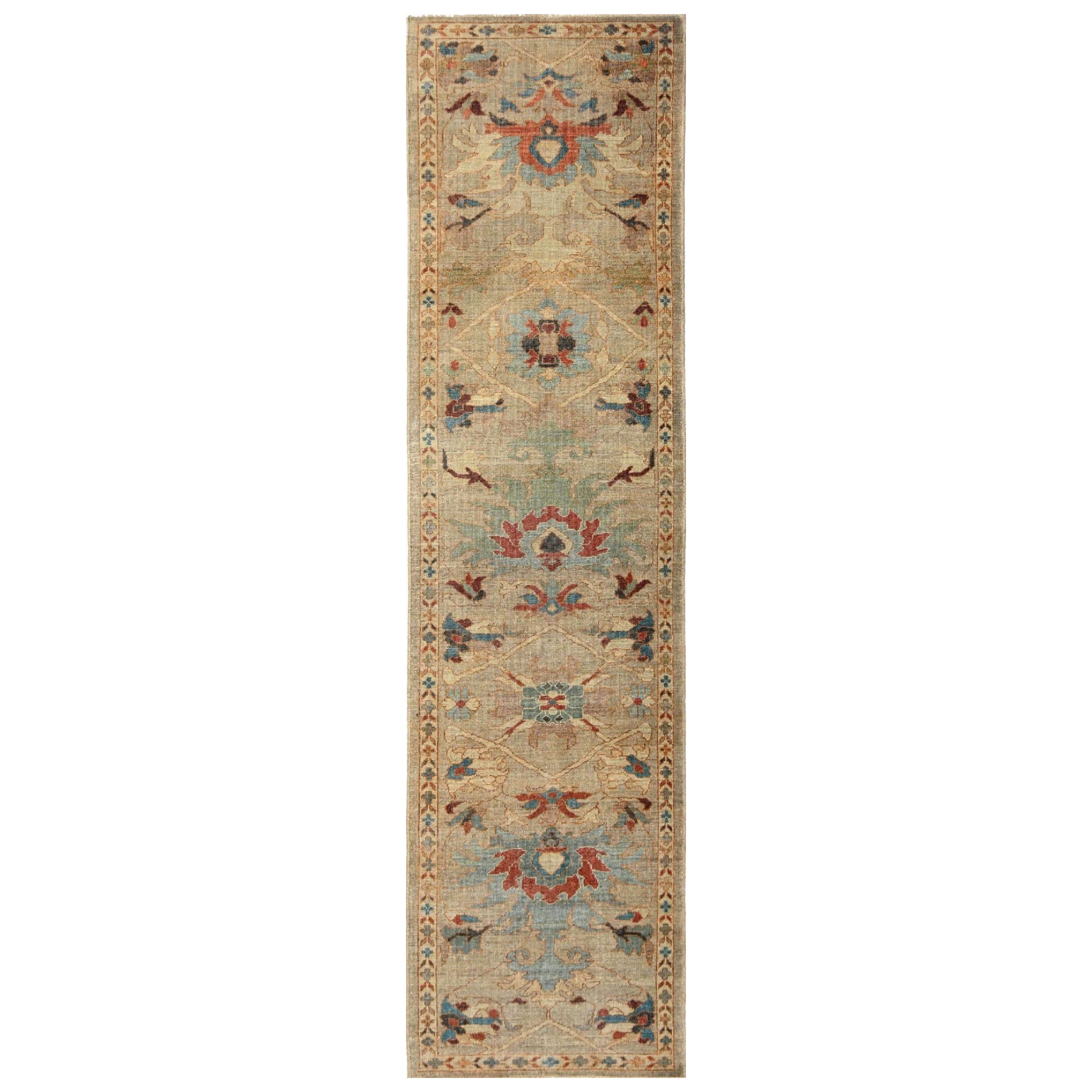 Afghanistan Sultanabad Runner Rug - Wool Blue Green Ivory - 95782 For Sale