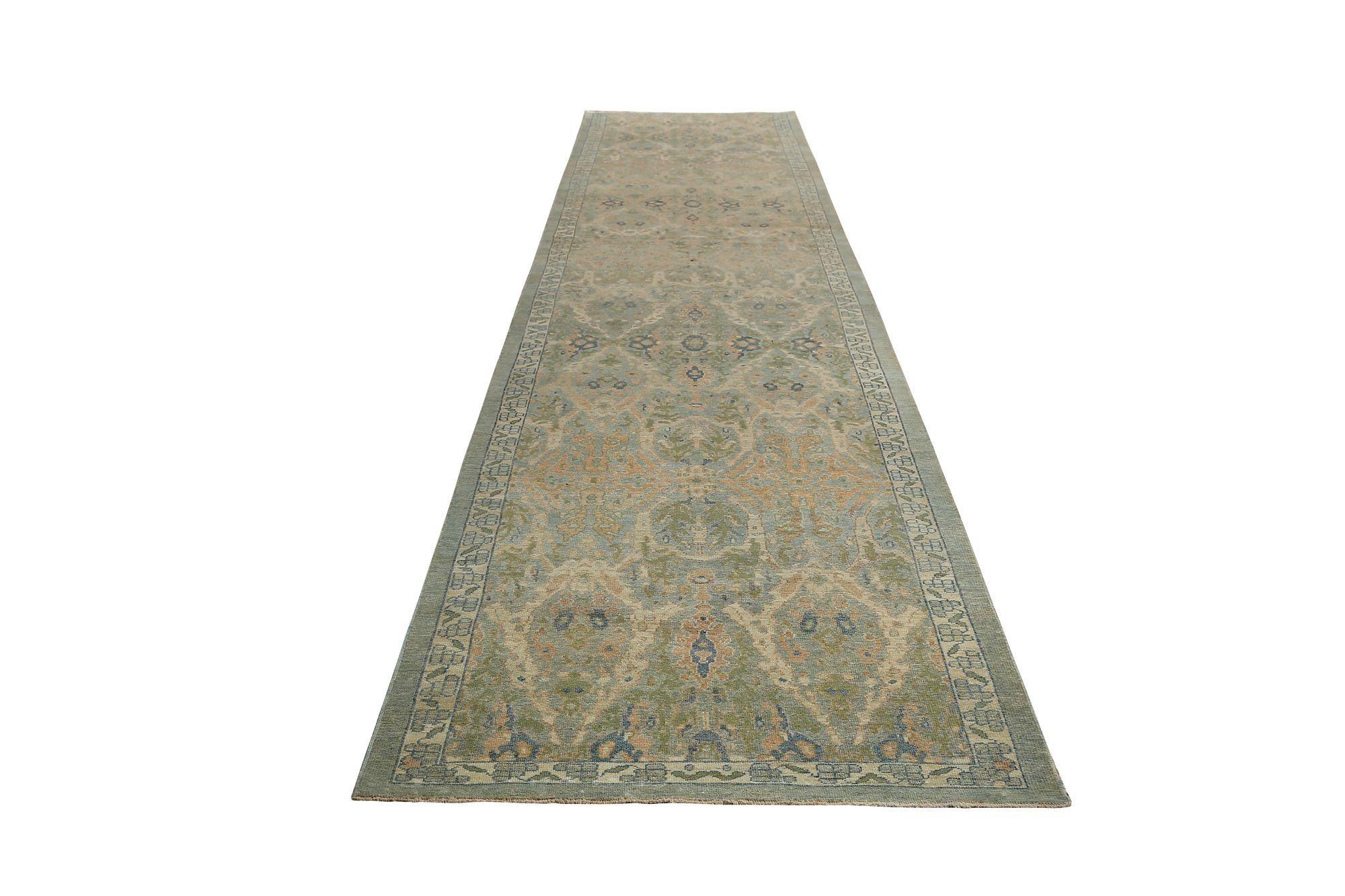 Sultanabad-Läufer aus Wolle in Blau, Grün und Elfenbein, Afghanistan, 97293 (Stammeskunst) im Angebot